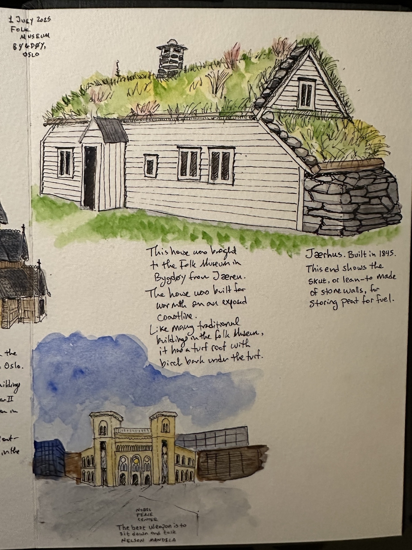 A page from a sketchbook shows illustrations of a turf-roofed house with descriptions, the Nobel Peace Prize Center in Oslo, and artistic notes.