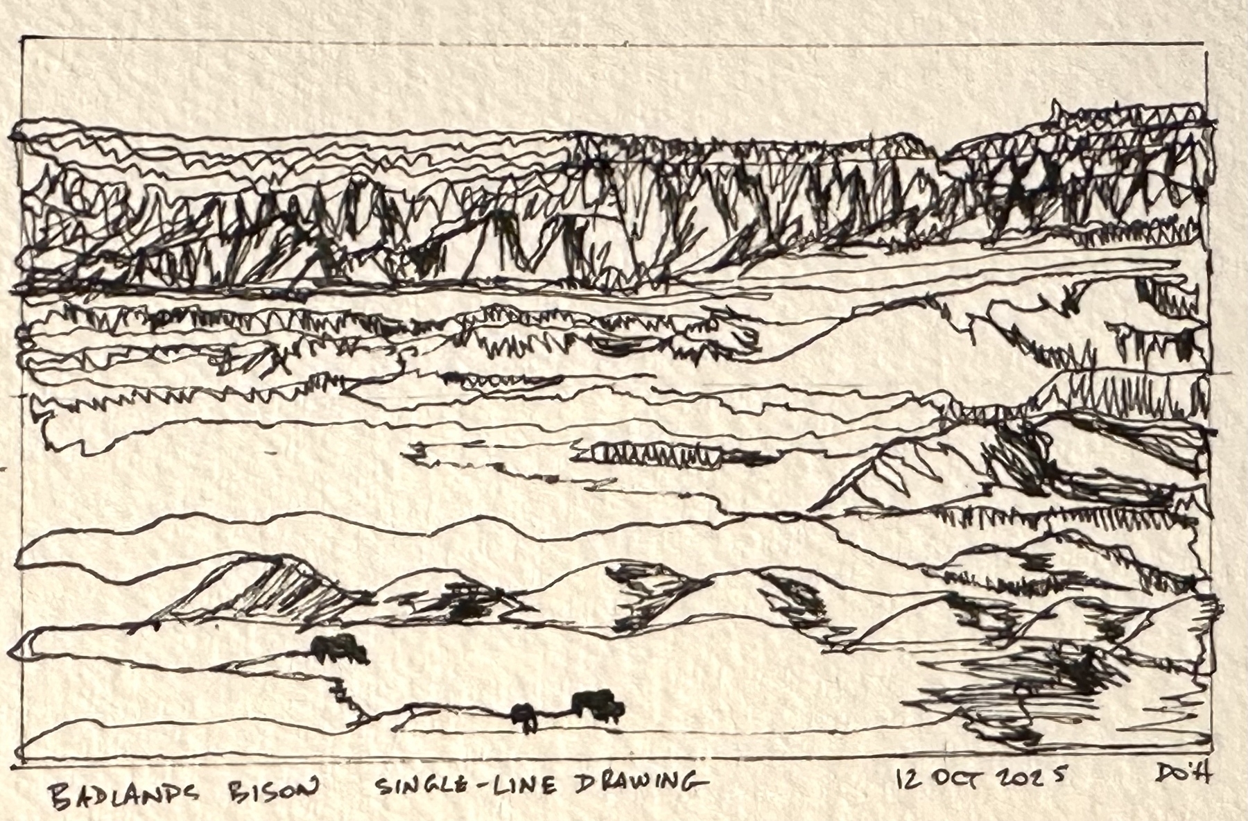 A single-line drawing depicts a rugged landscape with bison grazing in the foreground and layered hills in the background.