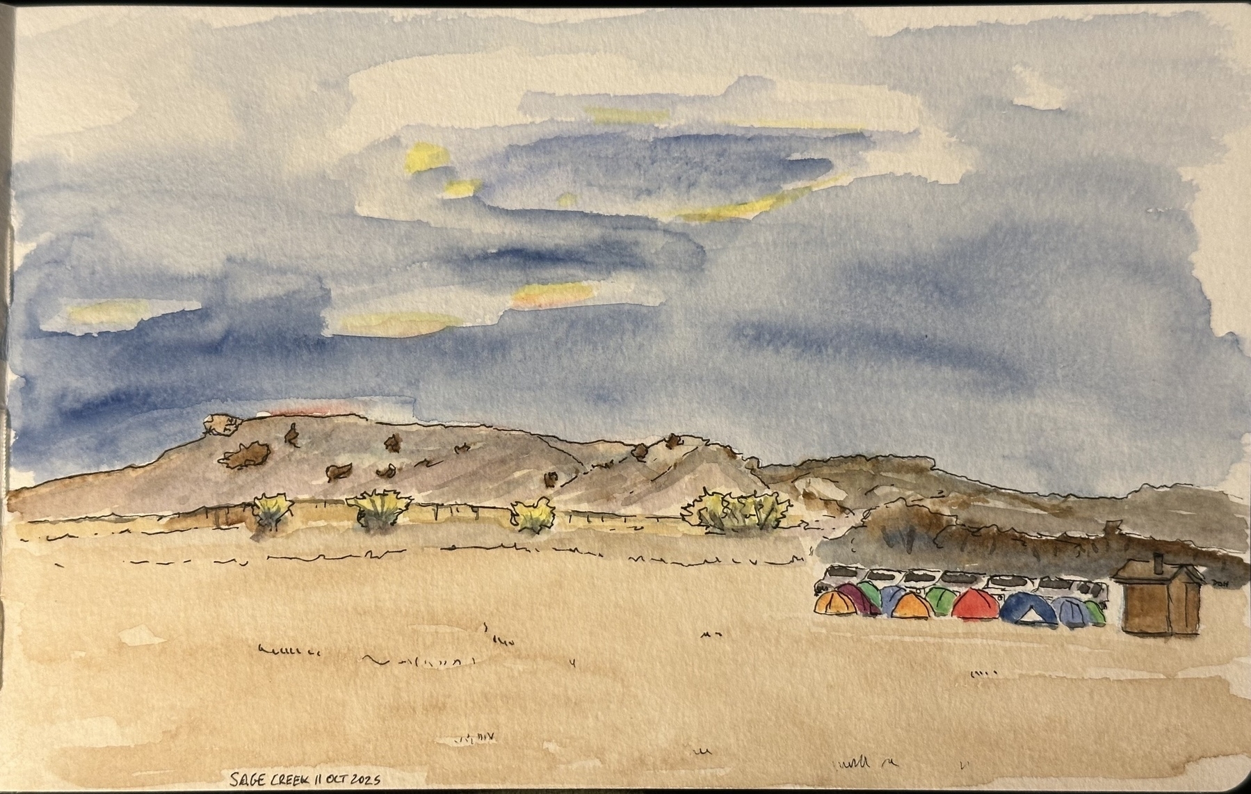 A watercolor painting depicts a desert landscape with scattered tents and dramatic clouds in the sky.