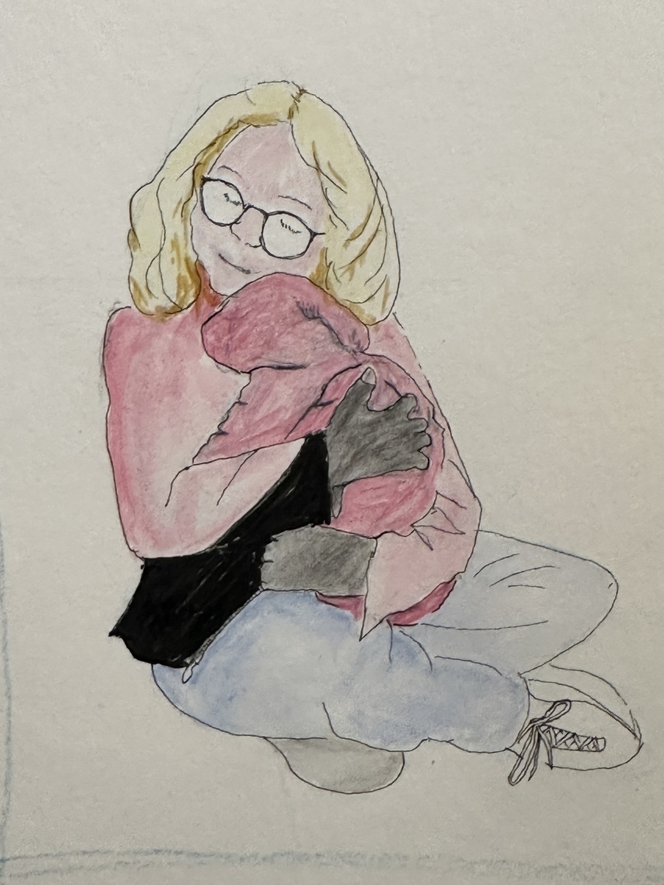 A person with glasses and long hair is lovingly hugging a small animal. (Okay, I like the auto-generated “a small animal,” and I admit it’s hard to see. And it’s not wrong: that’s my granddaughter she’s holding, and she is a small animal! My sweet small animal.)