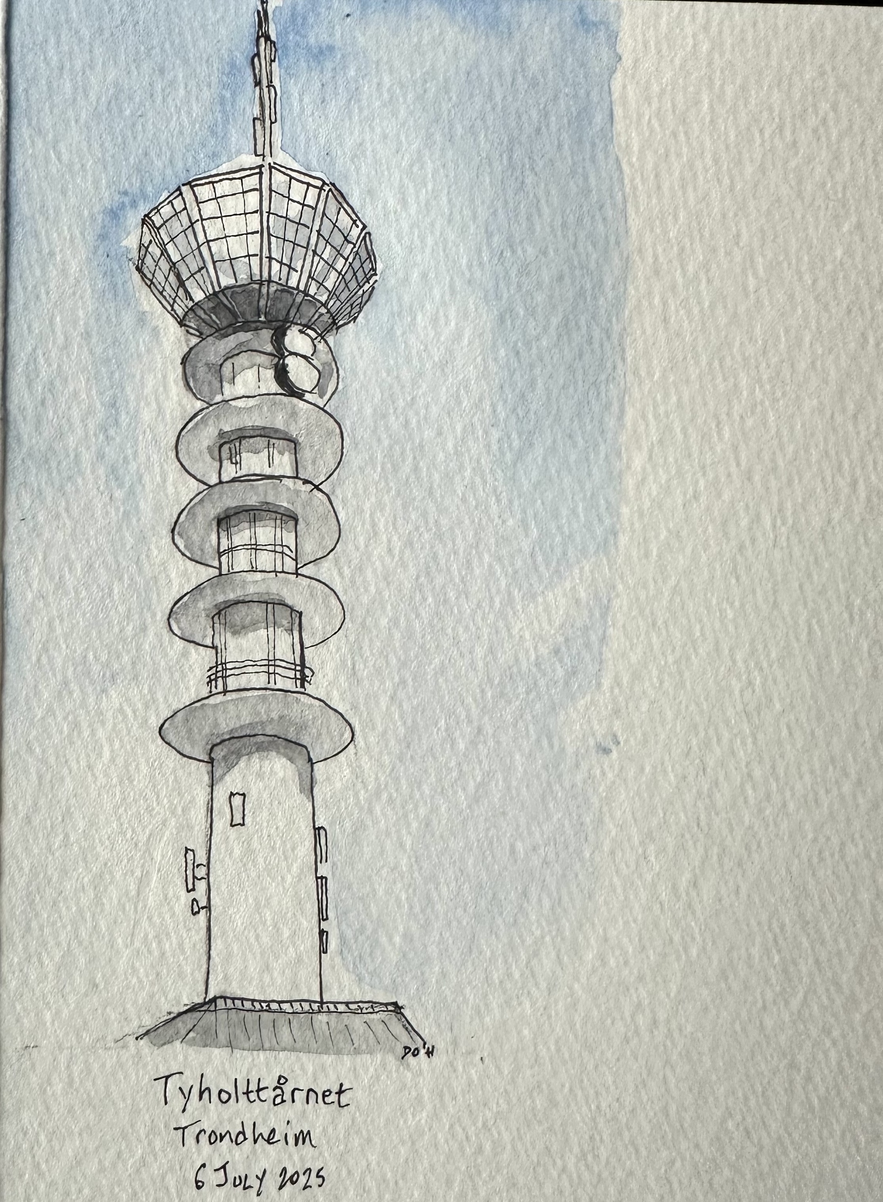 A sketched depiction of Tyholttårnet, a tower in Trondheim, dated 6 July 2023.