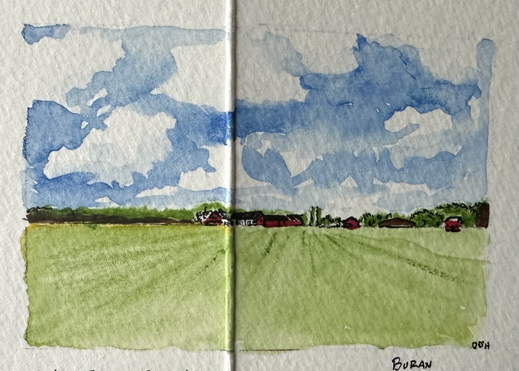 A watercolor painting depicts a vast green field under a cloudy blue sky, with a few distant buildings on the horizon.