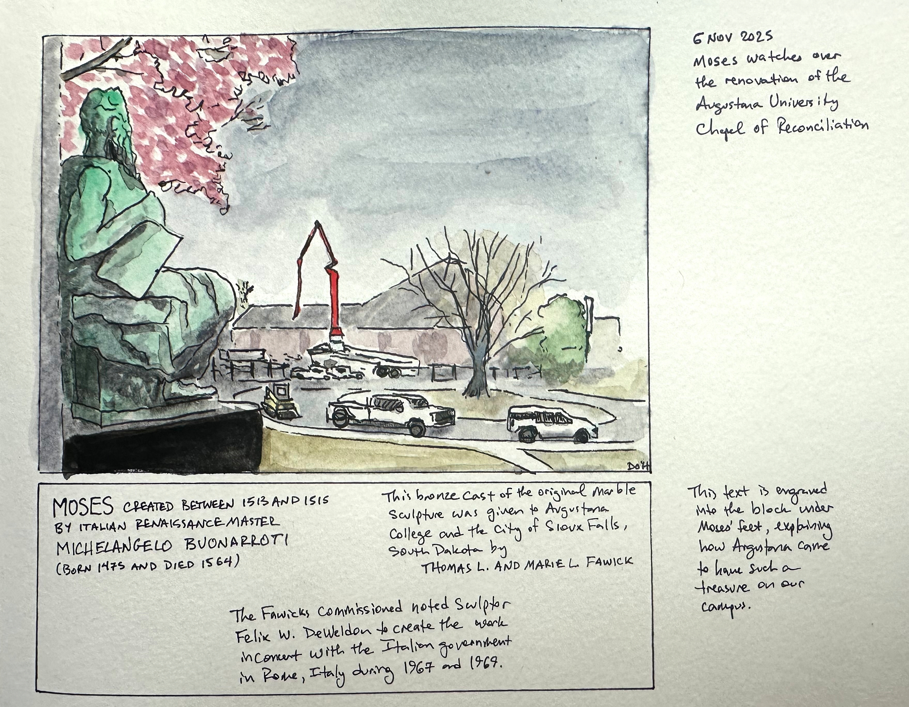 A watercolor painting depicts a street view with cars, trees, and architectural elements, highlighted by a statue of Moses and an inscription about its history and significance.