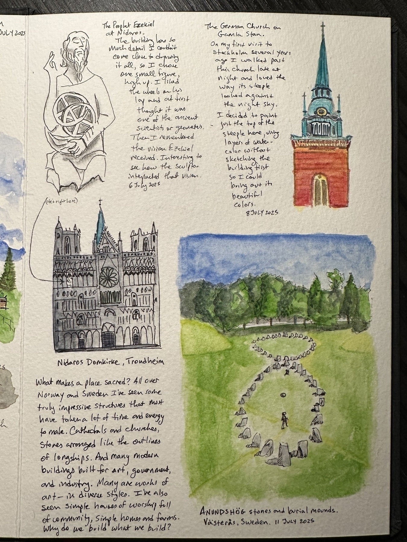 A sketchbook page features illustrations of a sculpture, a cathedral, a stone circle, and a church with handwritten notes alongside each drawing.