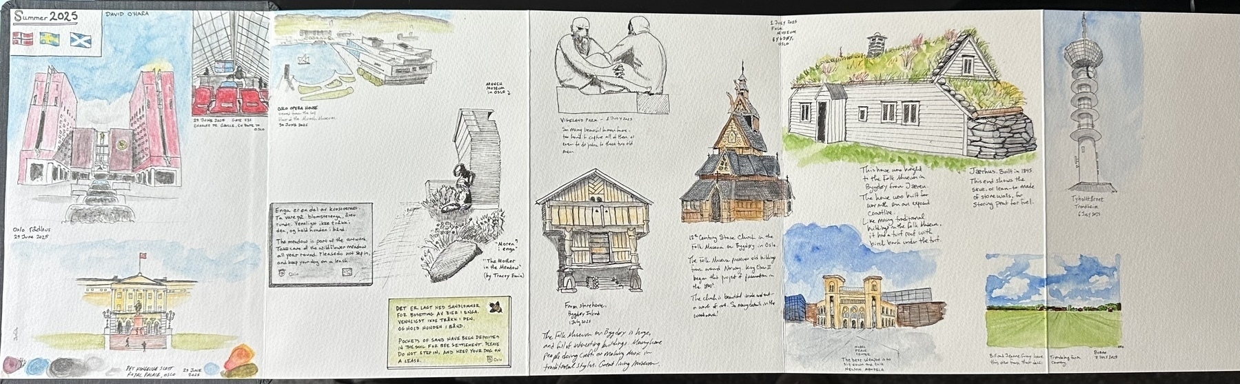 A collection of detailed sketches and watercolors showcases various architectural structures, landmarks, and nature scenes, accompanied by handwritten notes.