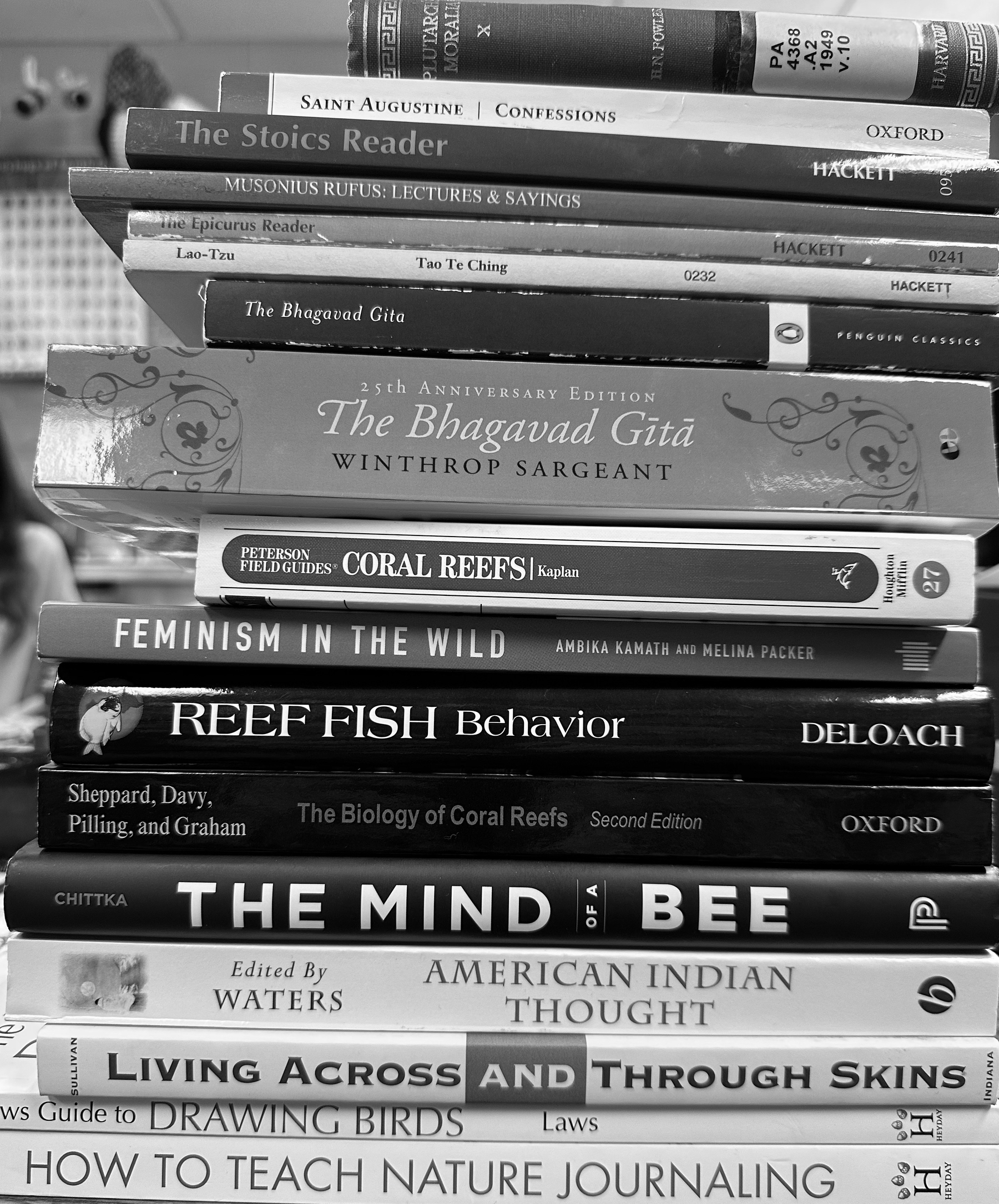 A stack of books includes titles on philosophy, religion, marine biology, and nature journaling.