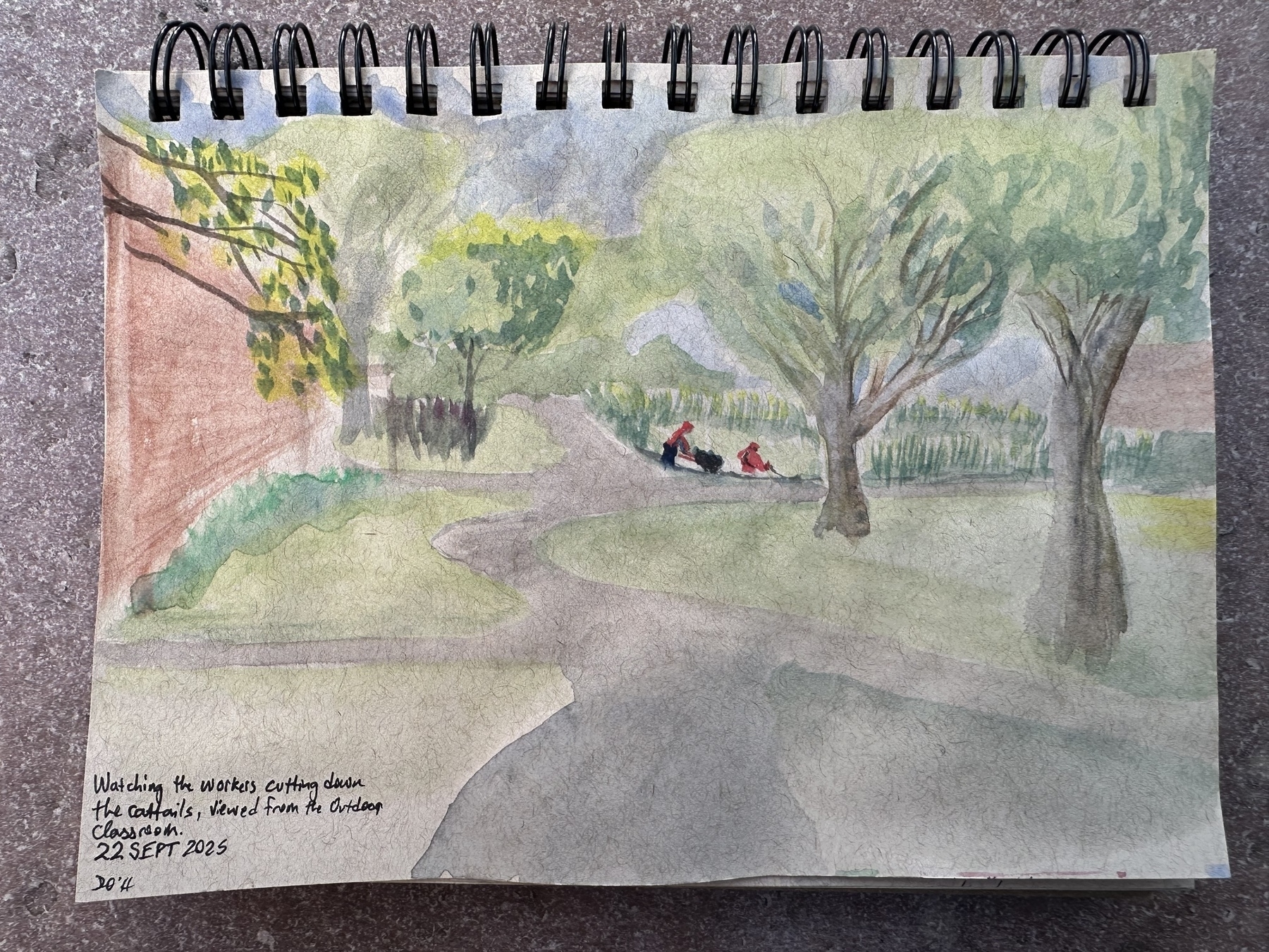 A serene watercolor painting depicts a park scene with trees, a path, and two figures in red hoodies cutting cattails