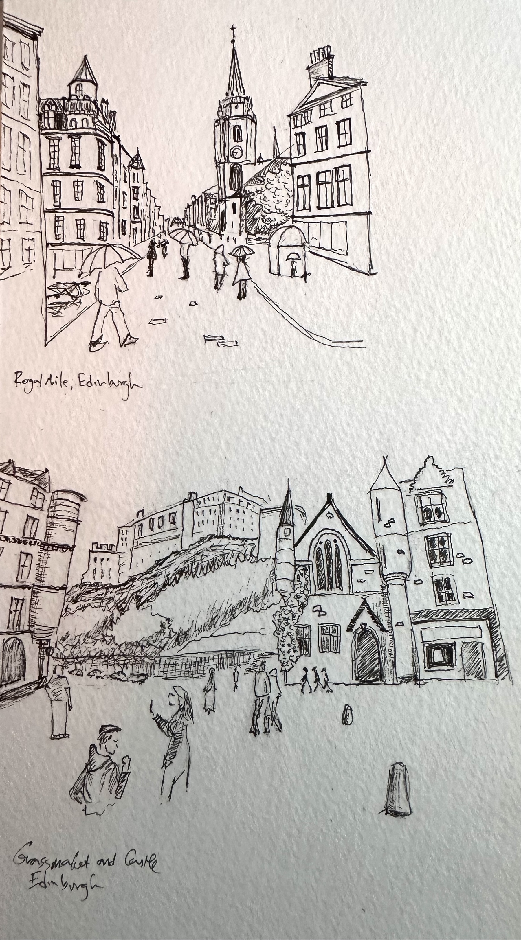 Two pen sketches depict scenes of Edinburgh, featuring buildings, streets, and people walking.