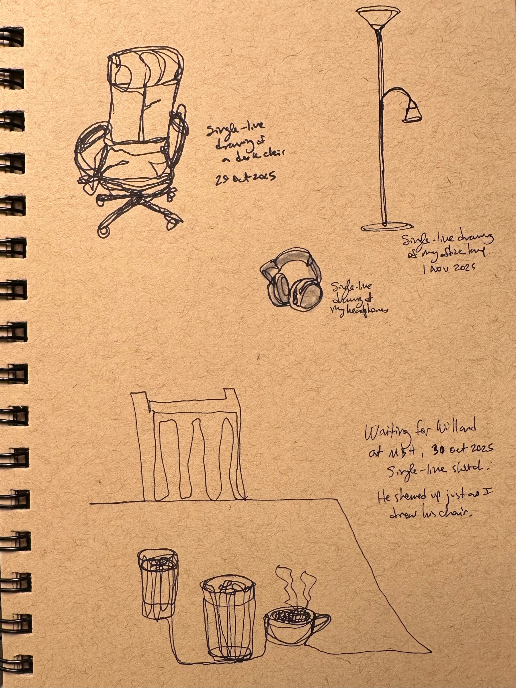 A sketchbook page features single-line drawings of a chair, headphones, a lamp, a table with mugs, and handwritten notes with dates.