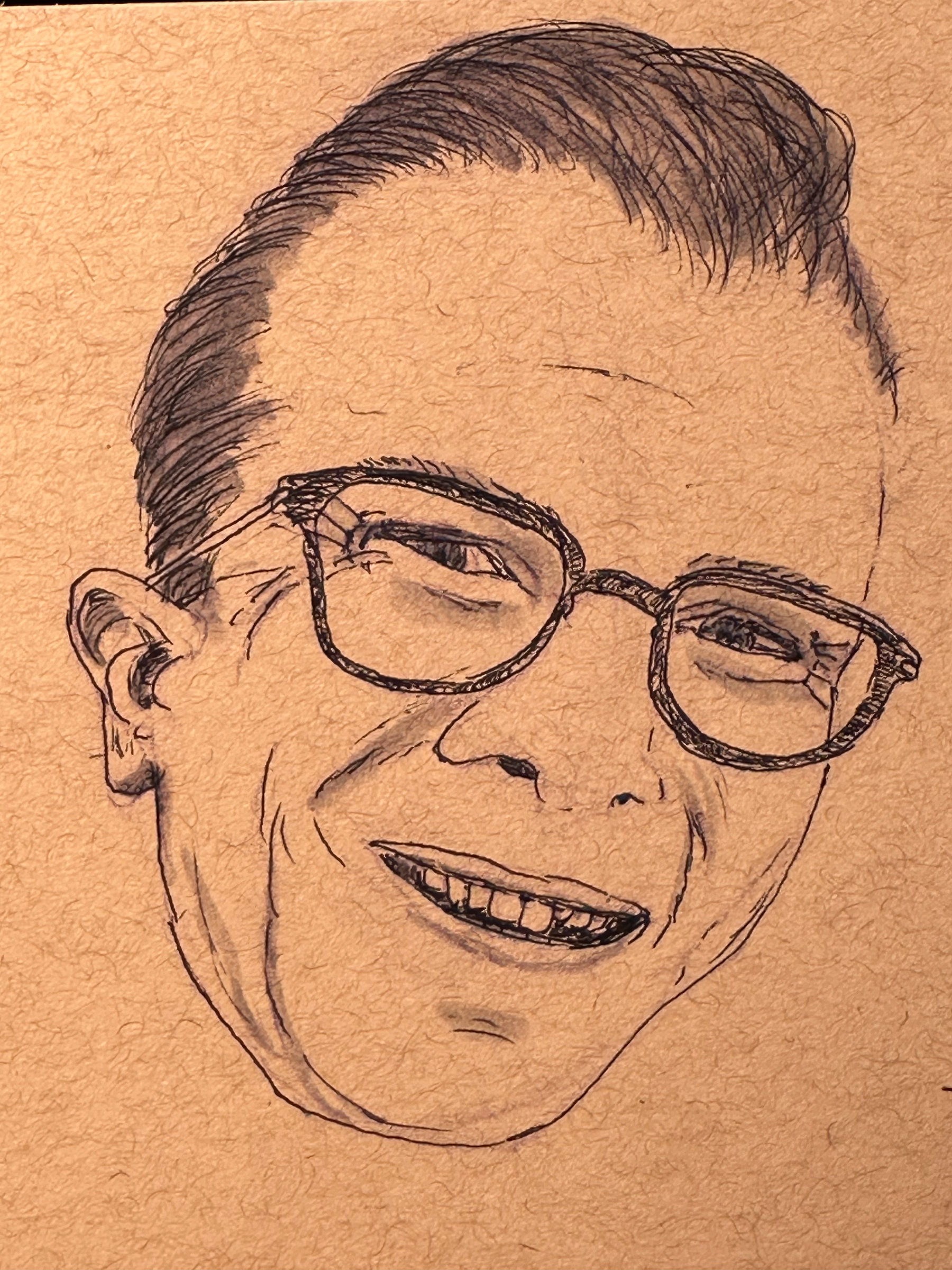 A detailed sketch portrays a smiling man wearing glasses on a textured background.