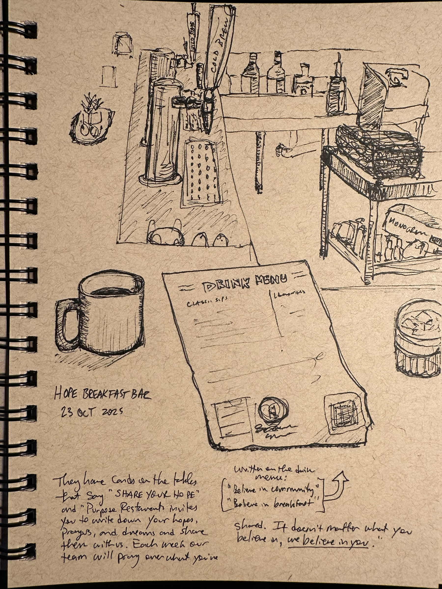A sketch of a breakfast bar with a drink menu, coffee cups, and various items, accompanied by handwritten notes.