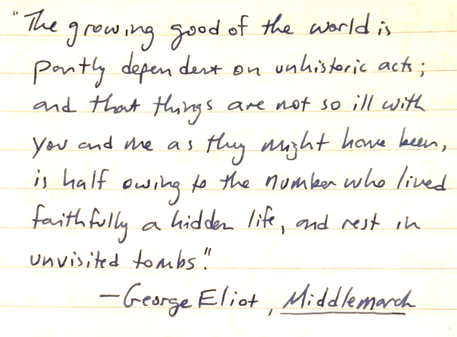 A handwritten note with a quotation about unvisited tombs, attributed to George Eliot