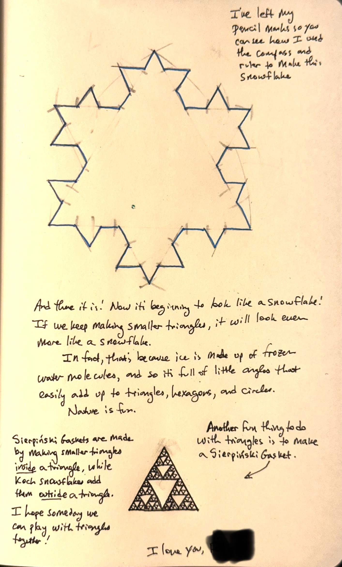 A hand-drawn geometric pattern resembling a snowflake is accompanied by handwritten notes explaining the creation and relevance of the design, and a little about Koch Snowflake fractal geometry and Sierpiński Gaskets in geometry as well. 