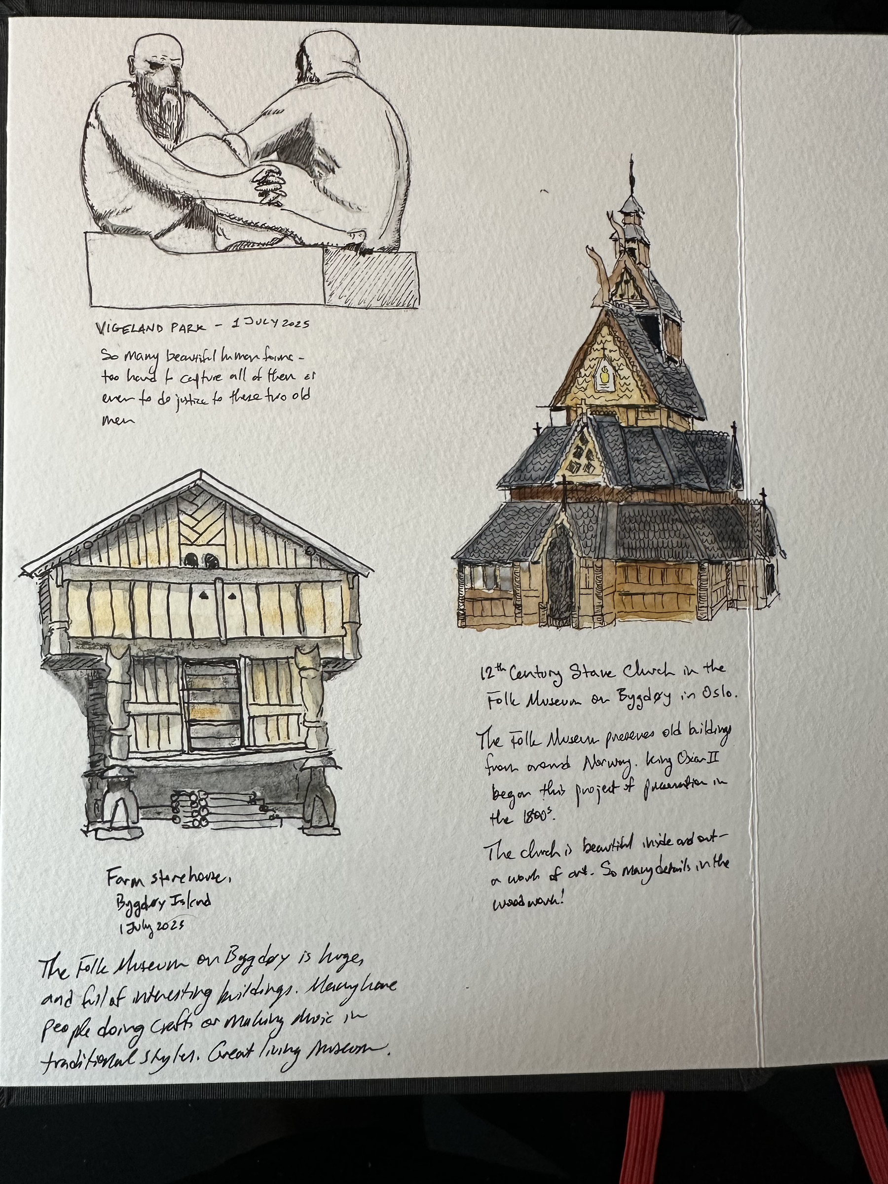 A sketchbook page includes drawings of two people sitting together, a historic farm storehouse, and a 12th-century Stave Church, accompanied by handwritten notes about each.