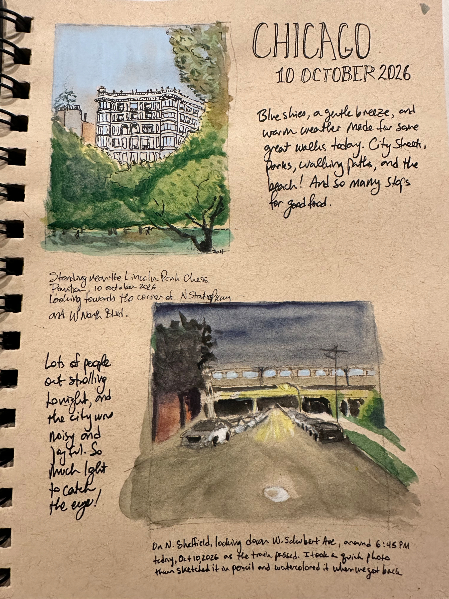 A journal-style page features watercolor paintings of Chicago scenes, including a park view and a street at dusk, accompanied by handwritten notes describing the pleasant weather, city life, and vibrant atmosphere on October 10, 2026.