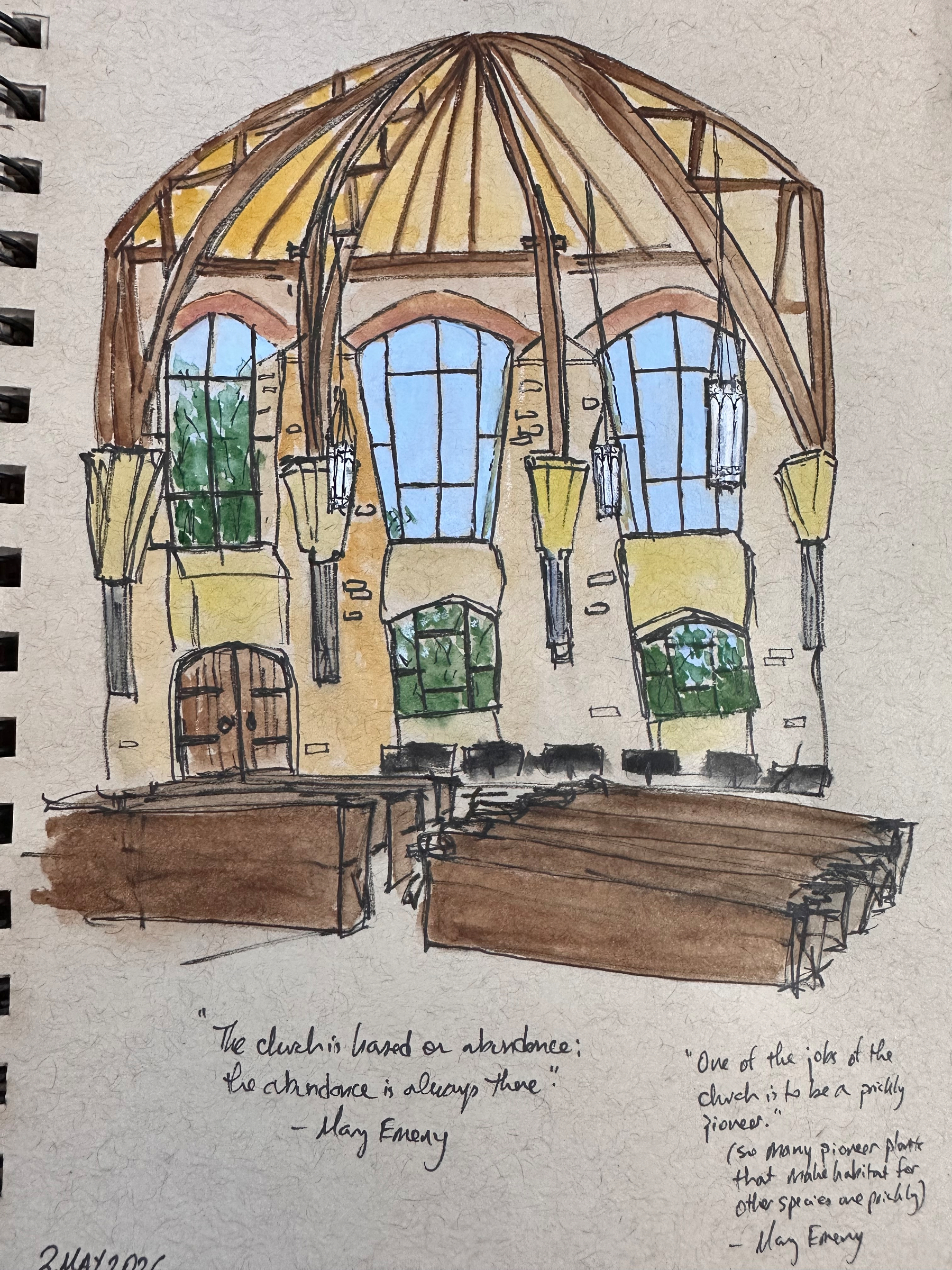 Watercolor sketch of the nave of a church 