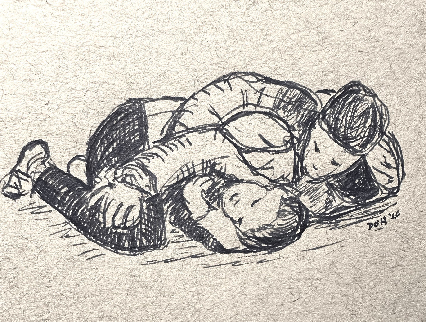 Two people are lying on the ground together in a comforting embrace, drawn in a sketch style.&10;&10;That’s what AI says. And I like that. But the boys are also wrestling. Is that  comforting embrace? Maybe! They are twin brothers, and they do love to wrestle, so maybe this is what comfort looks like to them. 