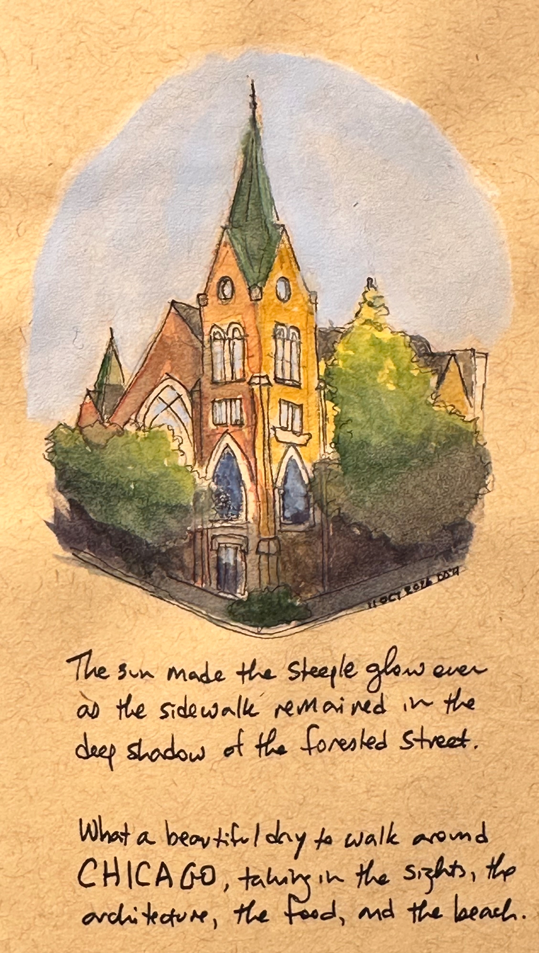 A watercolor painting depicts a sunlit church steeple surrounded by trees with handwritten notes reflecting on a beautiful day spent walking around Chicago.