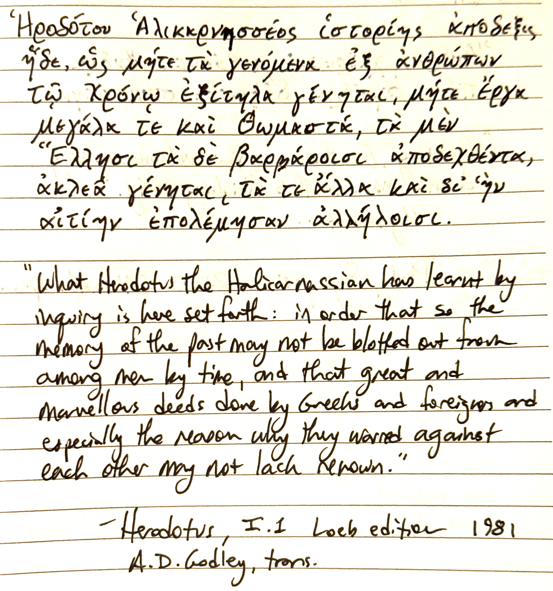 A handwritten note displays text in both Greek and English, quoting Herodotus with a reference to A.D. Godley.