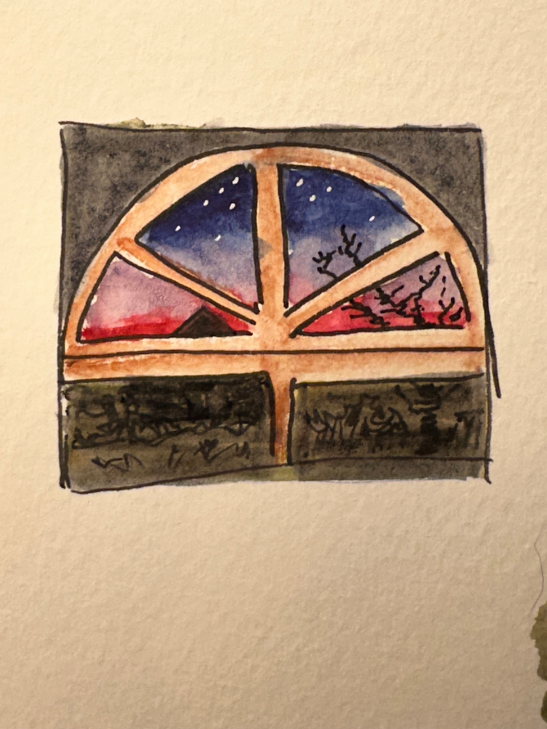 A watercolor painting of a window shows a colorful twilight sky transitioning from pink to deep blue with stars, silhouetted by tree branches and a distant house.