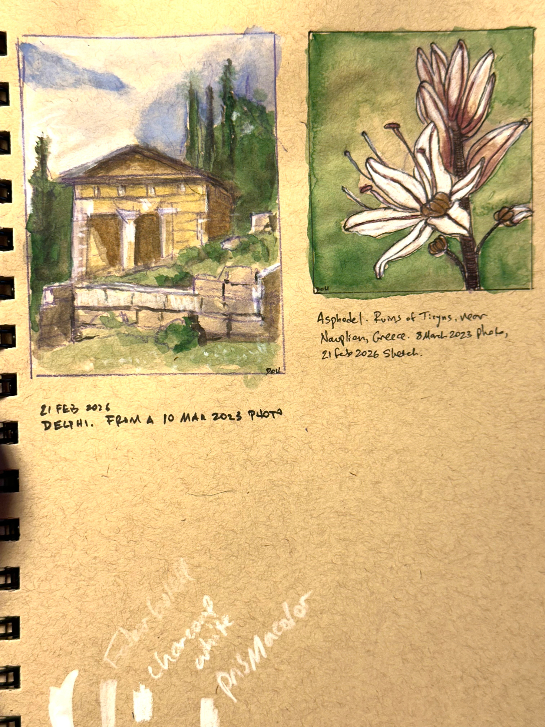 A sketchbook page features a watercolor painting of a historical structure and a botanical illustration of an Asphodel flower, with handwritten notes and dates.