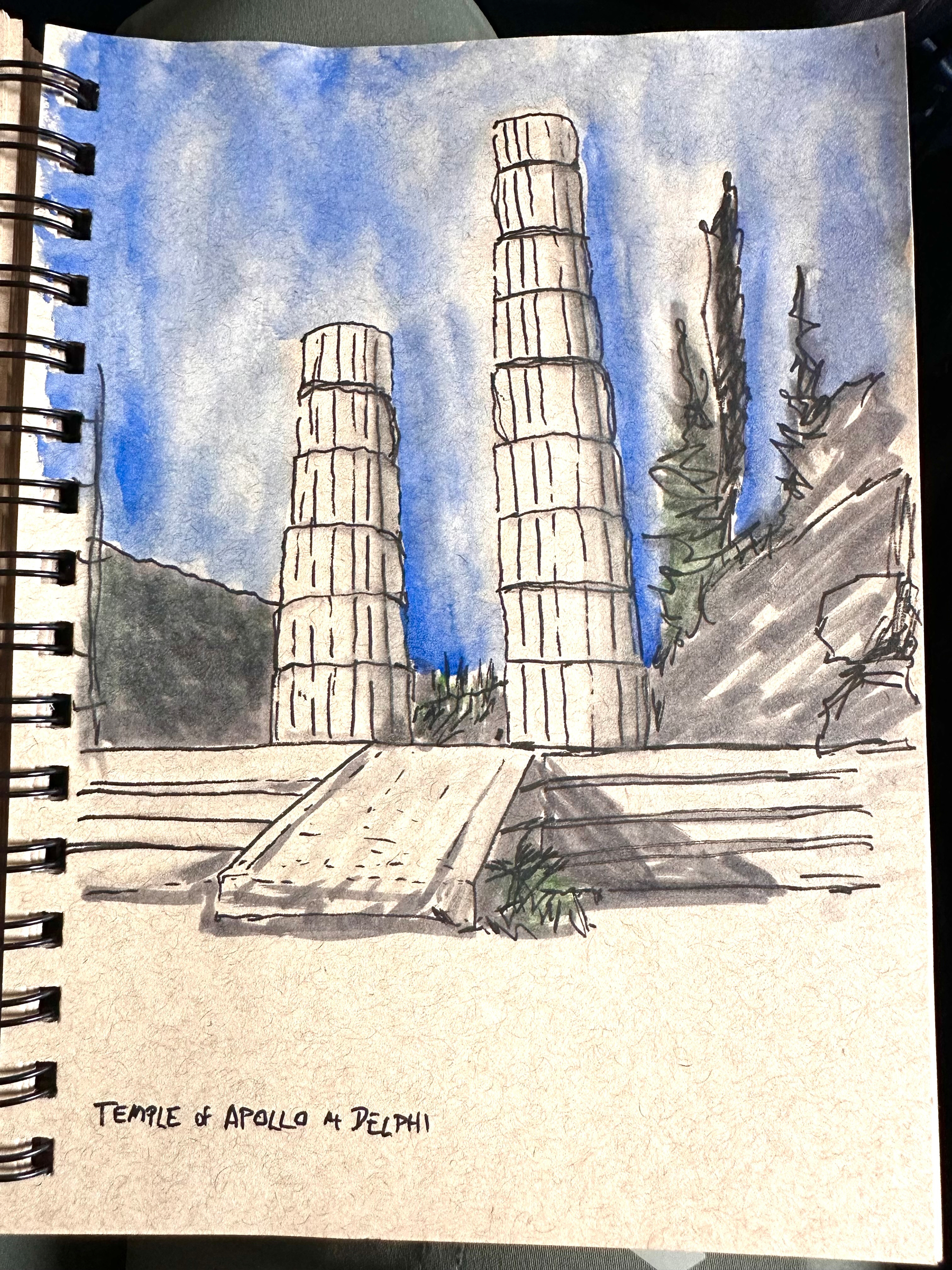 Watercolor sketch of the columns of the temple of Apollo at Delphi in Greece. 