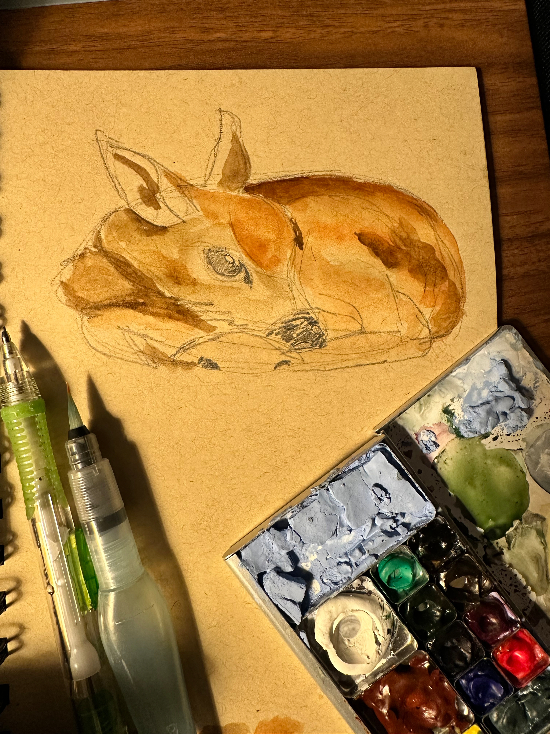 A watercolor painting of a curled-up dog is seen on a tan sketchpad alongside two water brushes and a well-used watercolor palette.