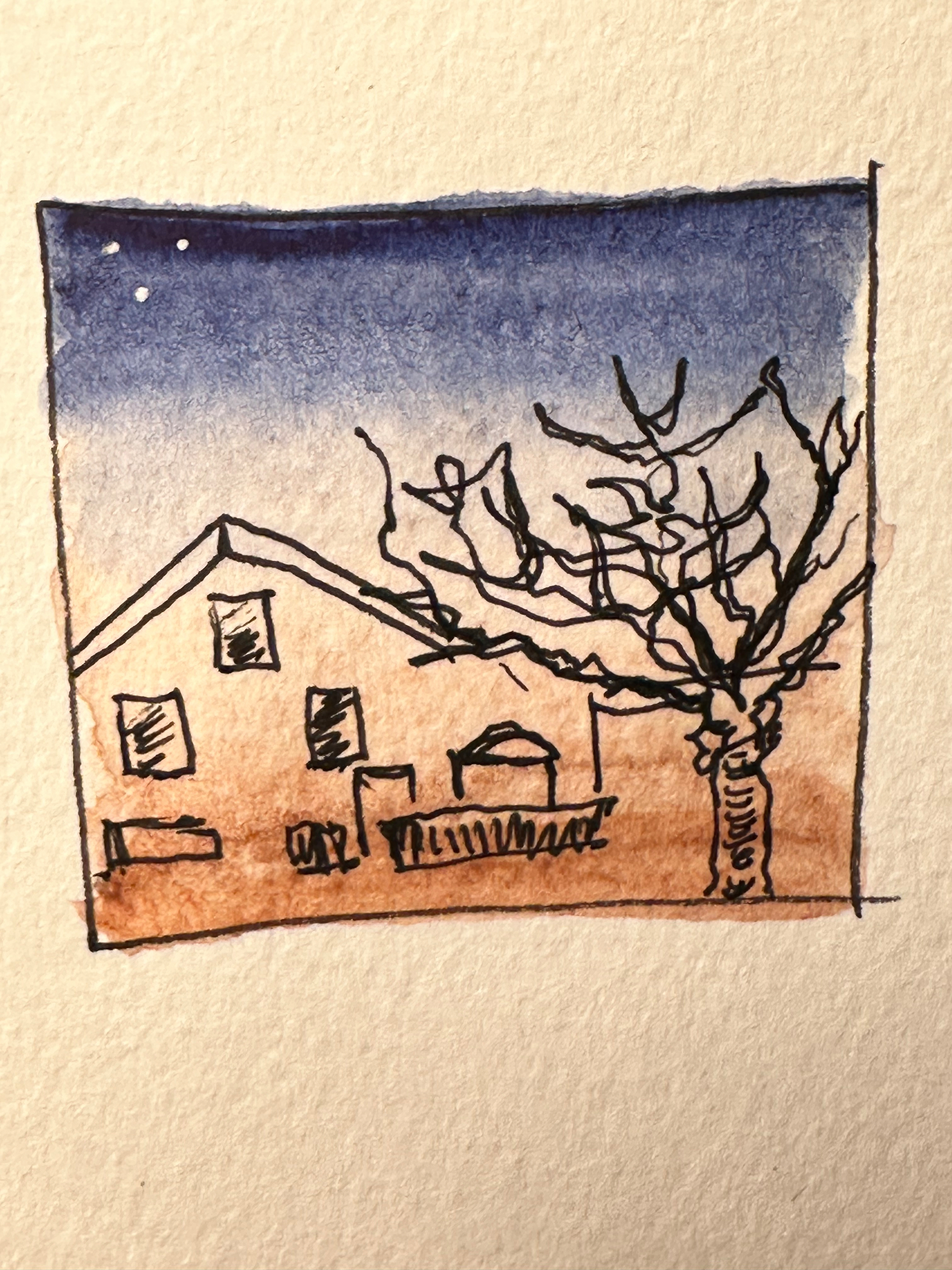 A simple illustration depicts a house and a barren tree against a gradient night sky with a few stars.