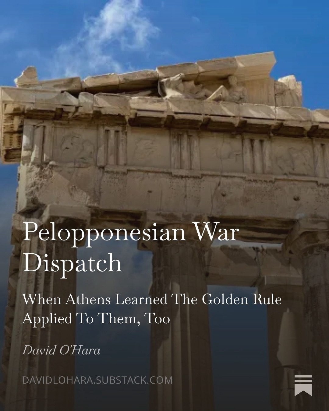 A partially ruined ancient Greek structure stands under a clear blue sky, accompanied by text about the Peloponnesian War.