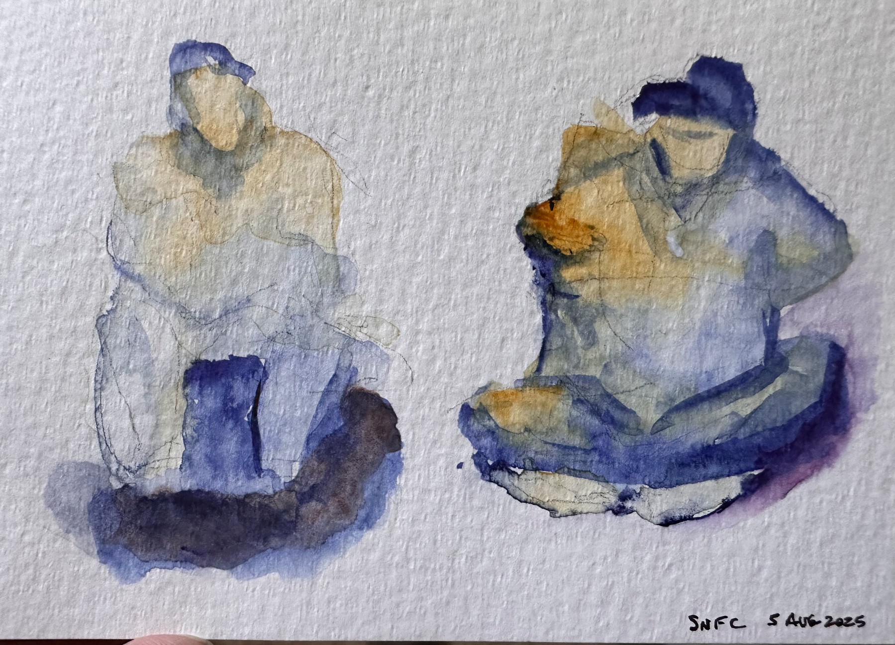 Two abstract figures are depicted seated on the ground in watercolor, one with a distinct blue and orange hue.