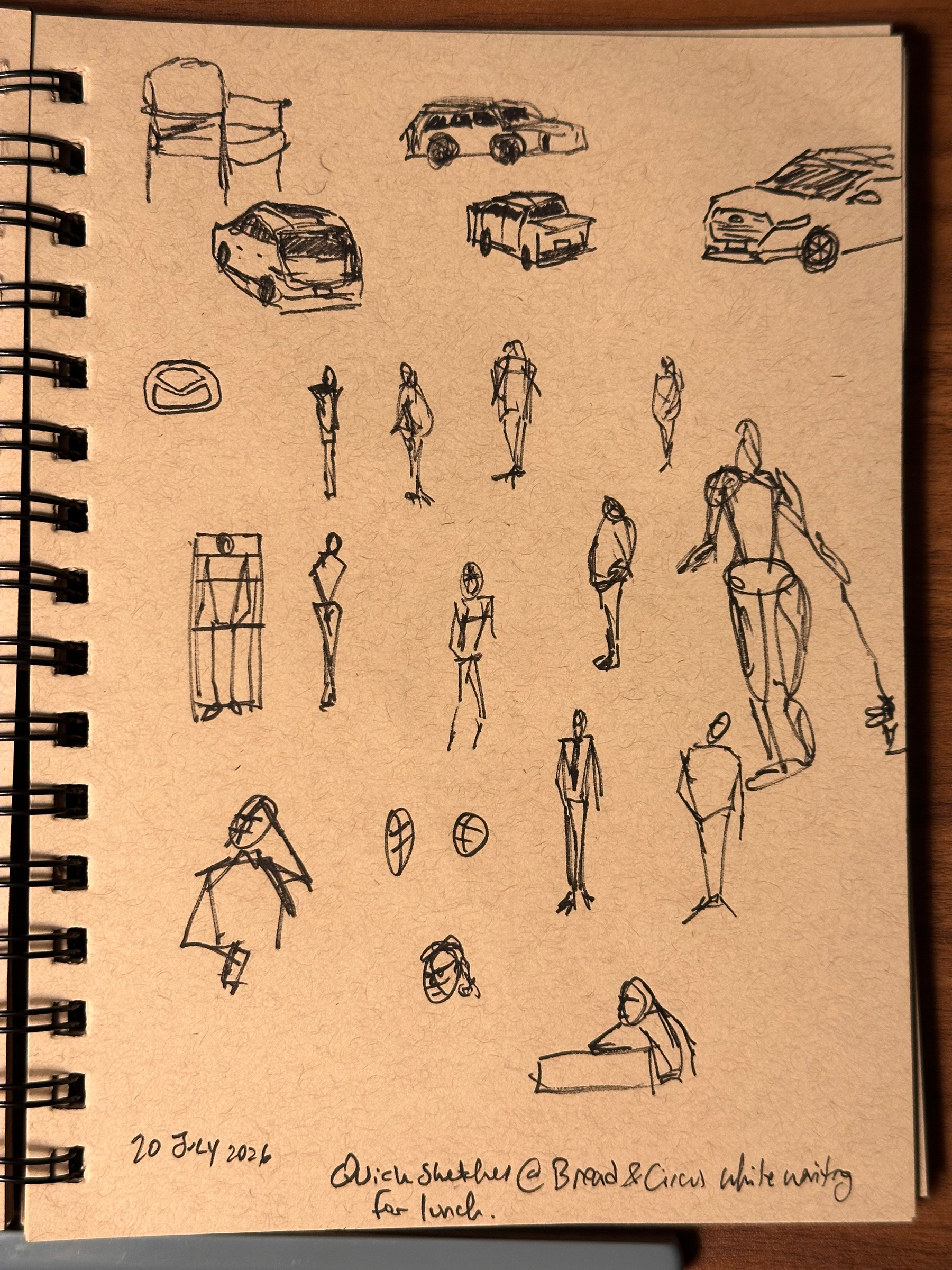 A sketchbook page features quick pen sketches of cars, people in various poses, a chair, and two faces, with a note indicating the drawings were made while waiting for lunch.