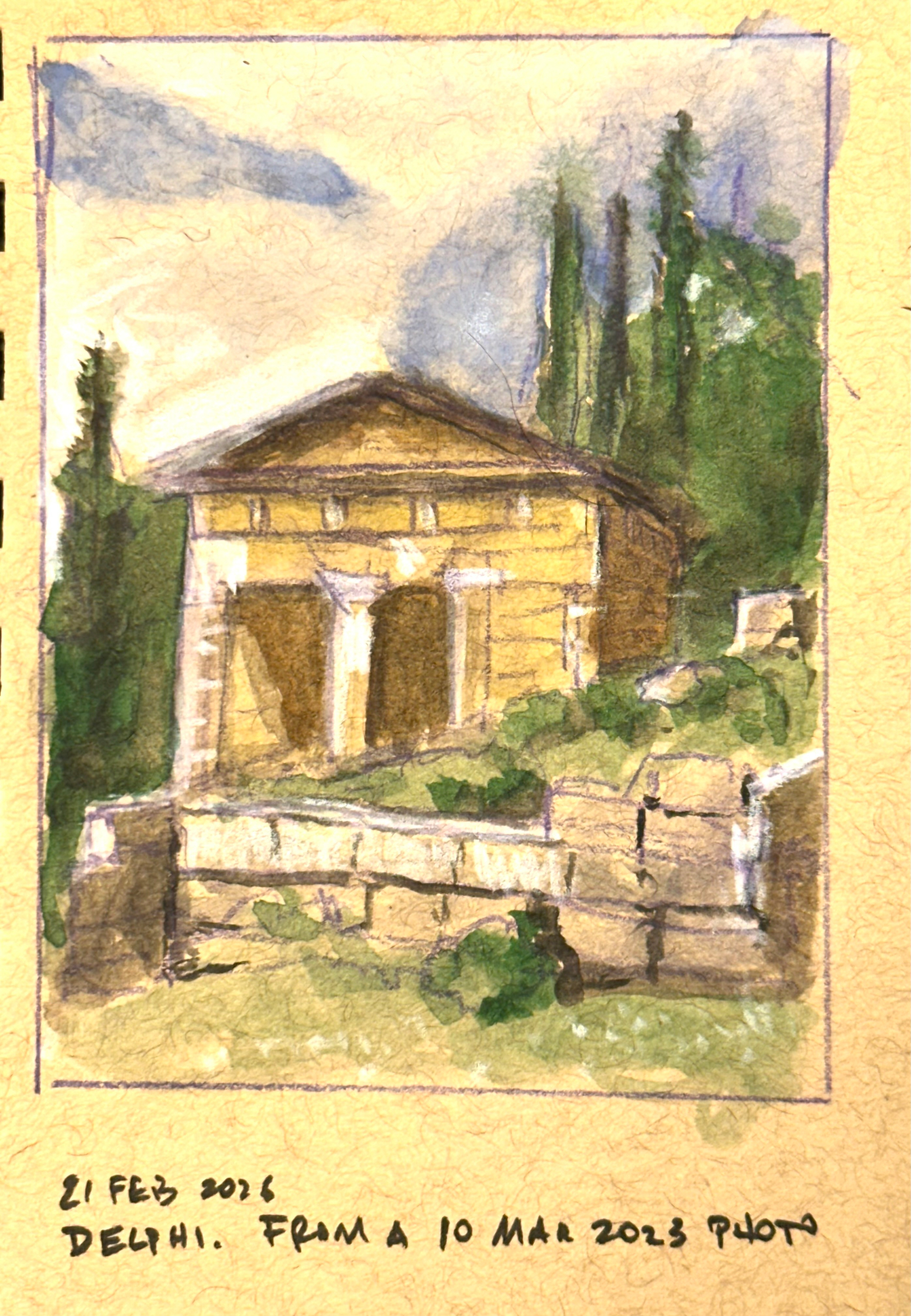 A watercolor painting depicts a classic, rectangular stone structure surrounded by greenery and a cloudy sky.&10;&10;Okay, the above was written by AI, and it’s not bad. But I’ll add this: it’s a watercolor that I did this morning, of the Treasury of the Athenians in Delphi, a small structure that has been partially rebuilt just downhill from the Temple of Apollo at Delphi. It’s a lovely little structure that is always surrounded by green grass and flowers. In the background are the tall dark trees, including cylindrical cypress trees, which are commonly found in Greek cemeteries as memorials. 