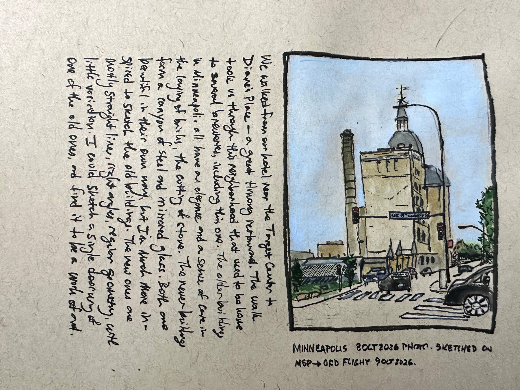 A watercolor sketch depicts a street scene in Minneapolis with a tall building, a traffic light, and cars, accompanied by handwritten notes reflecting on the changes in the neighborhood.