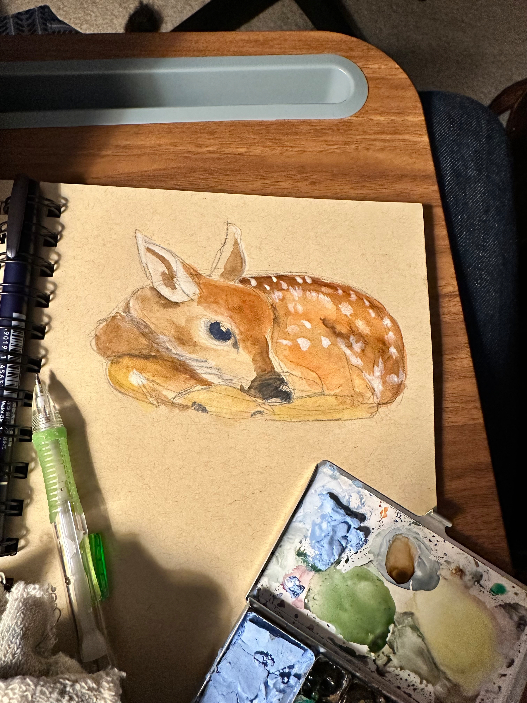 A watercolor painting of a resting fawn with white spots lies on a sketchbook page, surrounded by painting supplies including a watercolor palette and a pen.