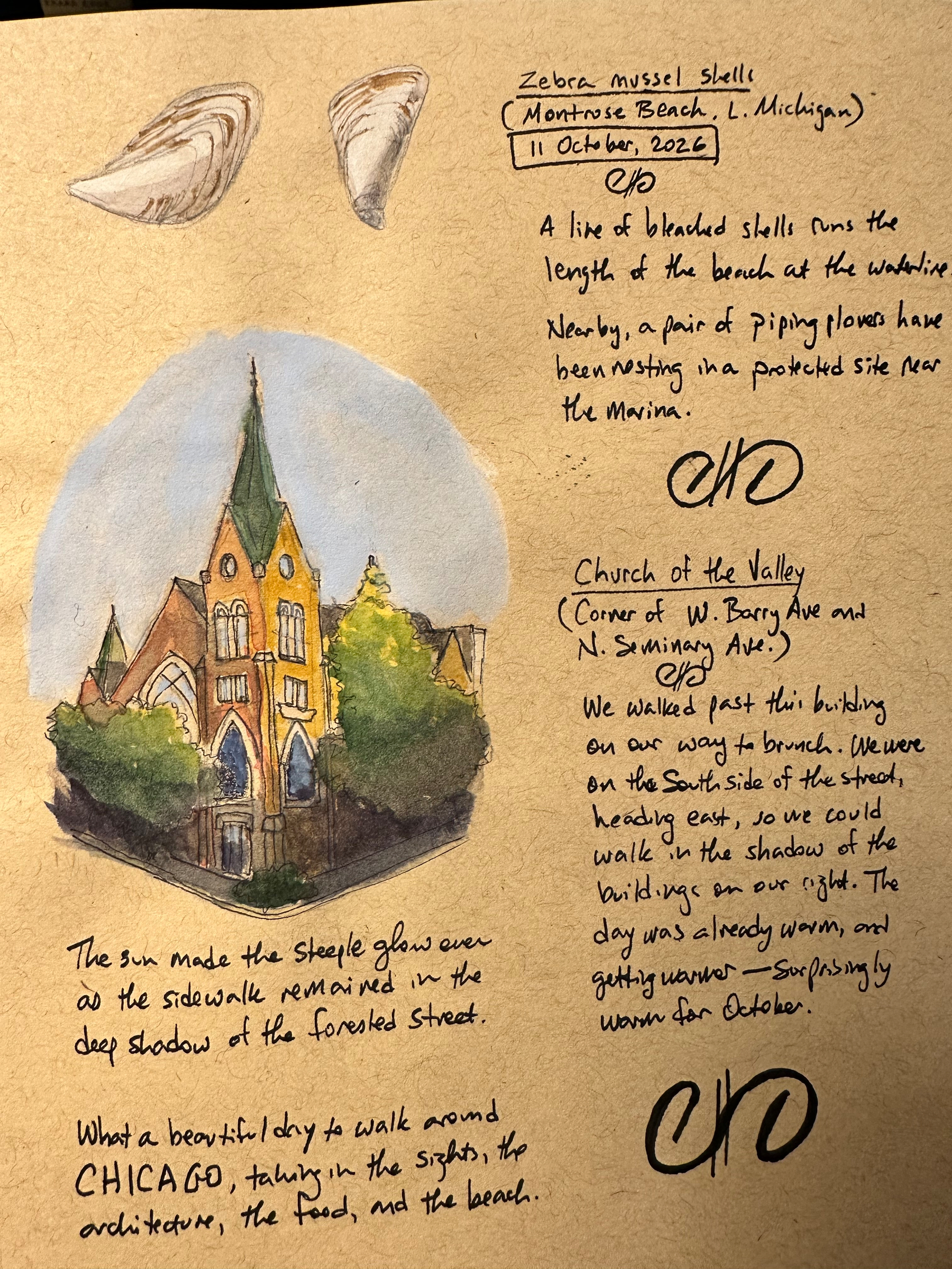A journal page features watercolor paintings of zebra mussel shells and a church with handwritten notes describing a visit to Montrose Beach and the Church of the Valley in Chicago on October 11, 2026.