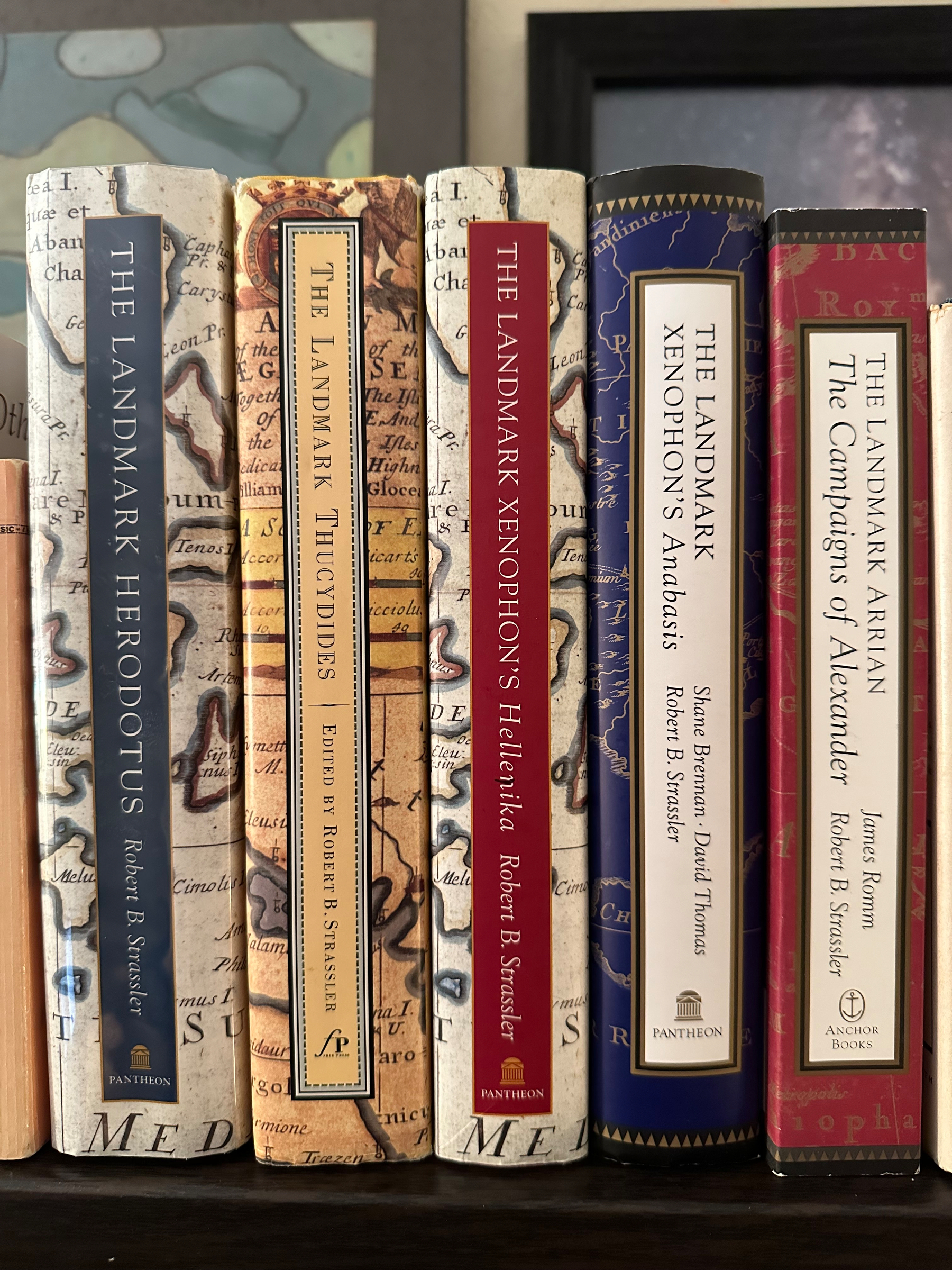 A collection of historical books published by Pantheon and Anchor Books, featuring works by Herodotus, Thucydides, Xenophon, and Arrian.