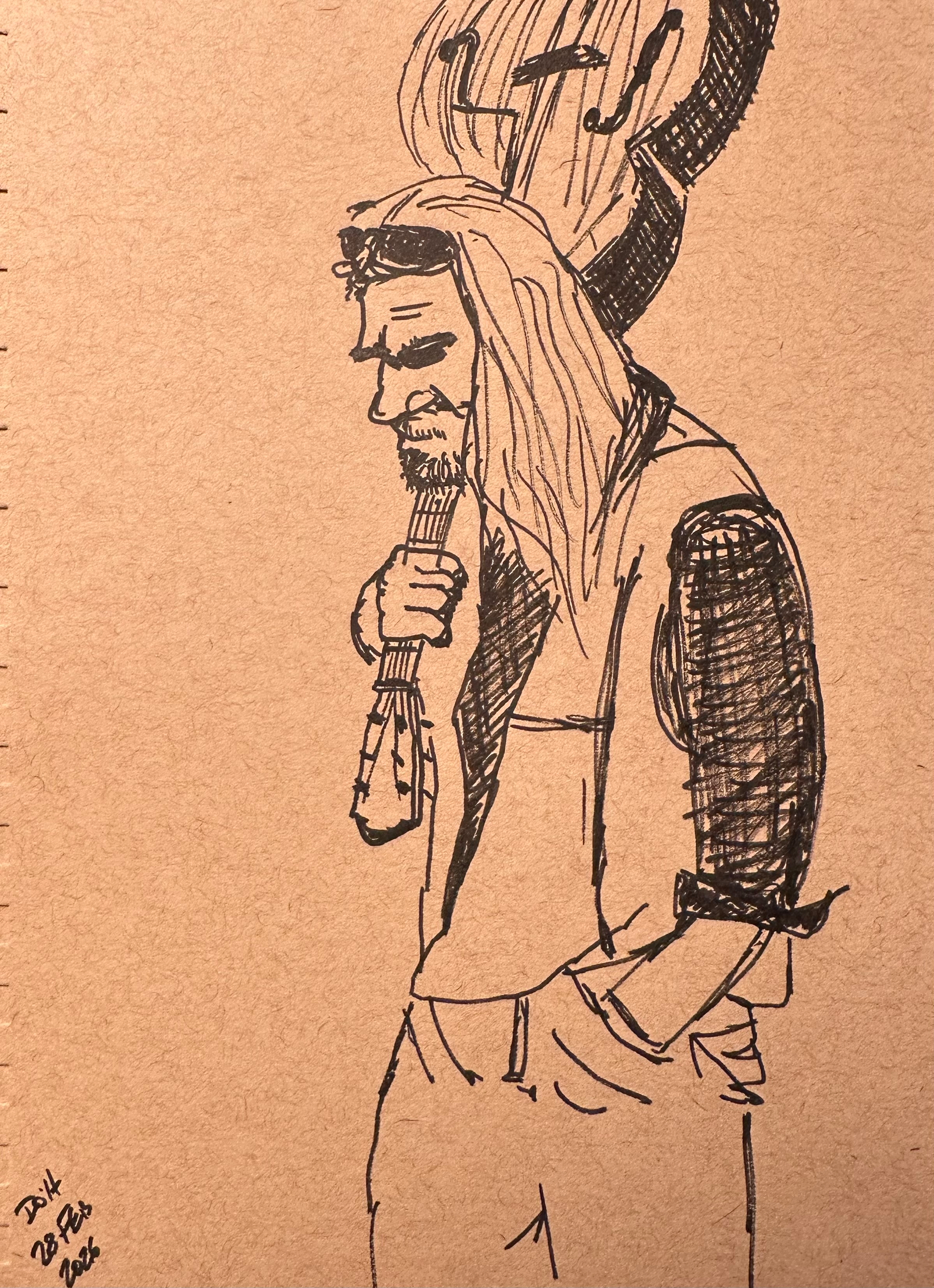 A man with long hair, wearing glasses and a jacket, is holding a guitar on his shoulder in a line drawing style.