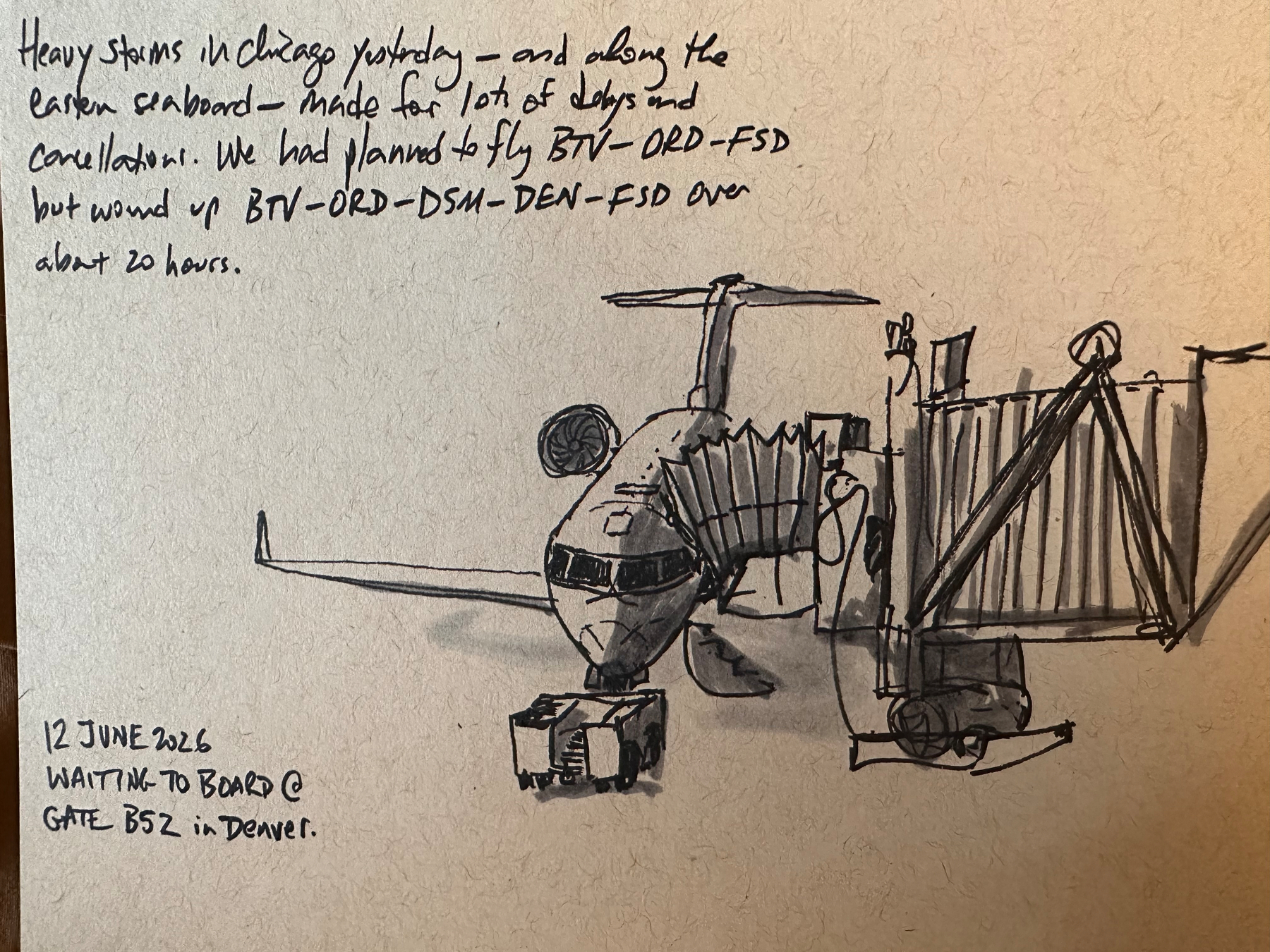 A sketch of an airplane at a gate, with handwritten text describing travel delays due to storms.