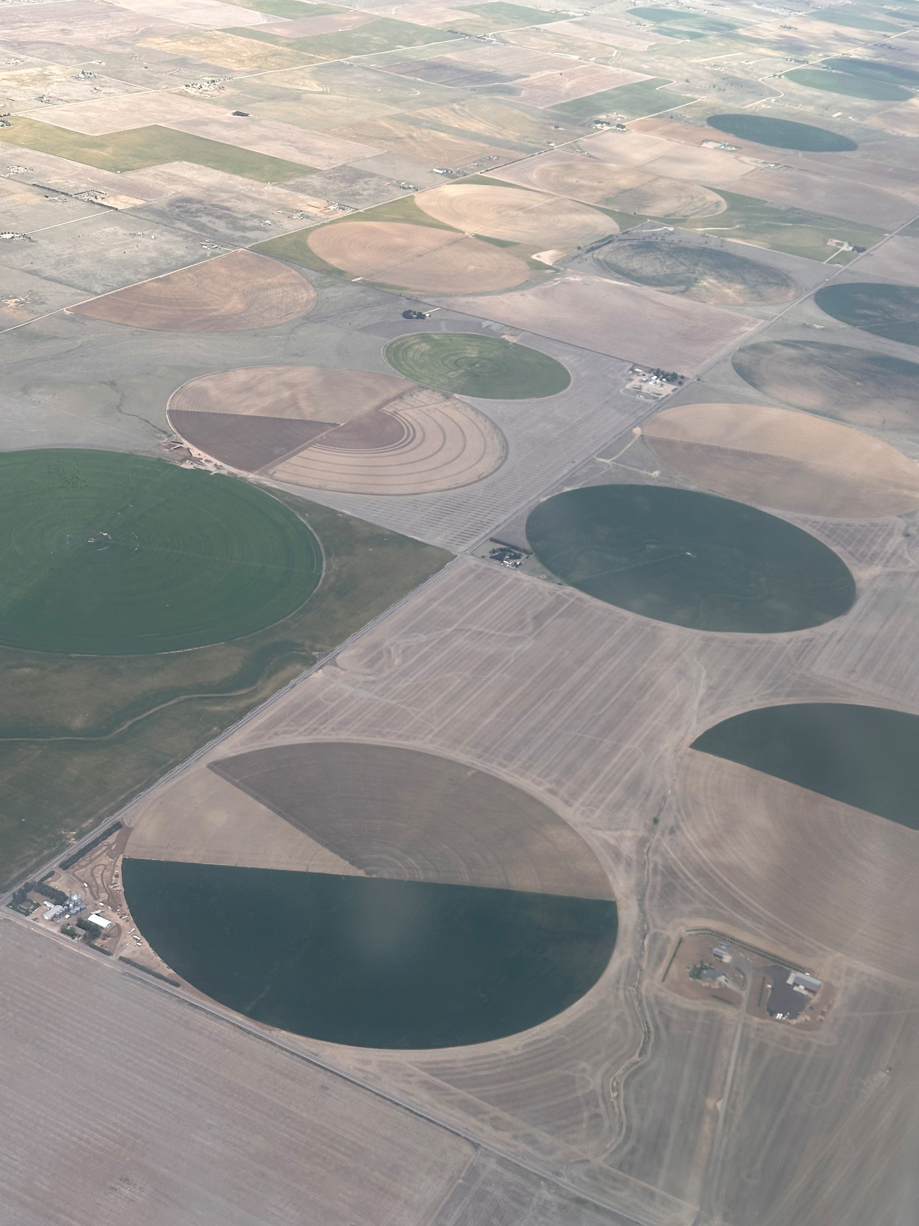 Aerial view of circular agricultural fields with varying shades of green and brown, surrounded by rectangular plots.