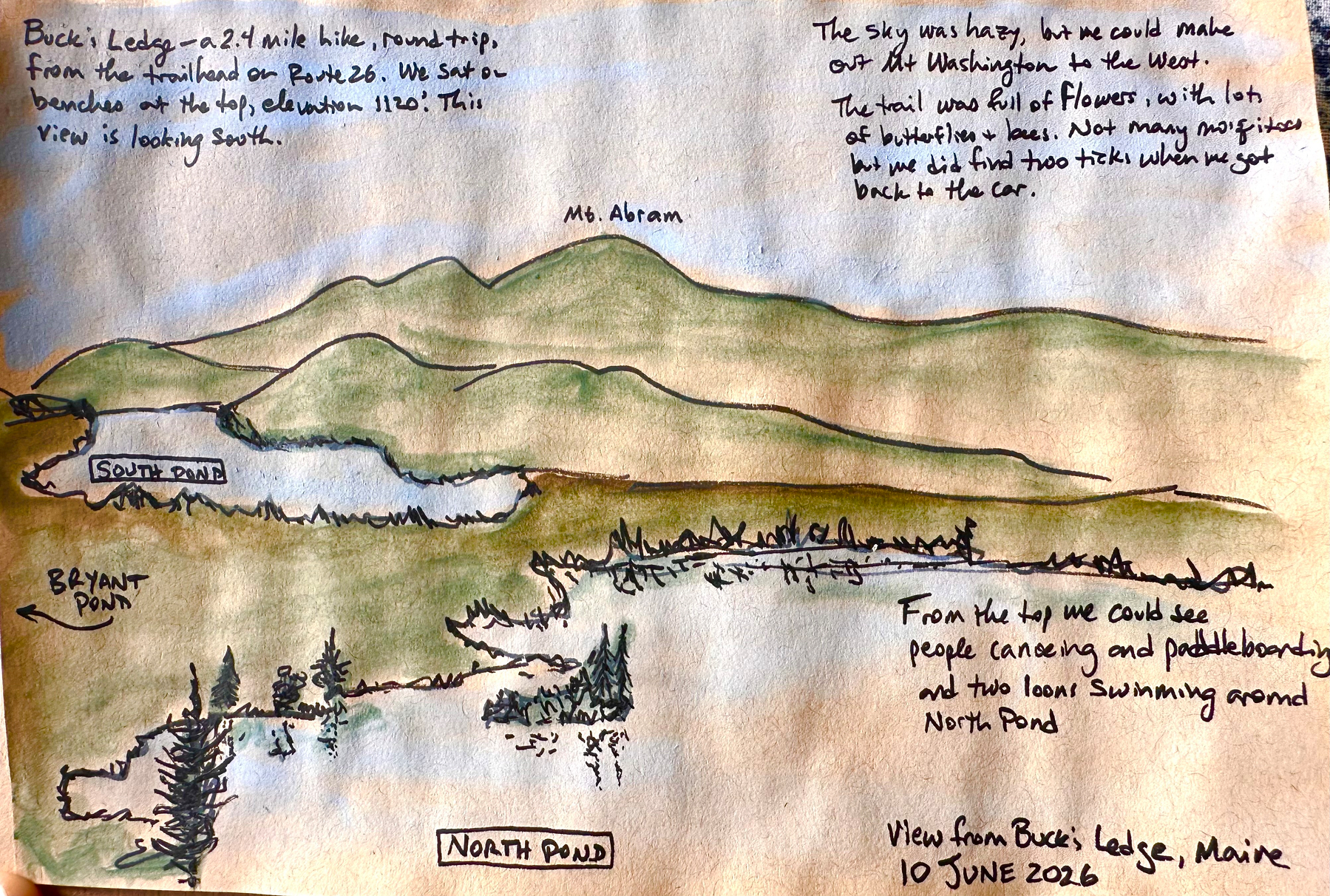Watercolor sketch depicting a landscape with labeled ponds and mountains, featuring handwritten notes describing the scenery and observations from Buck’s Ledge, Maine.