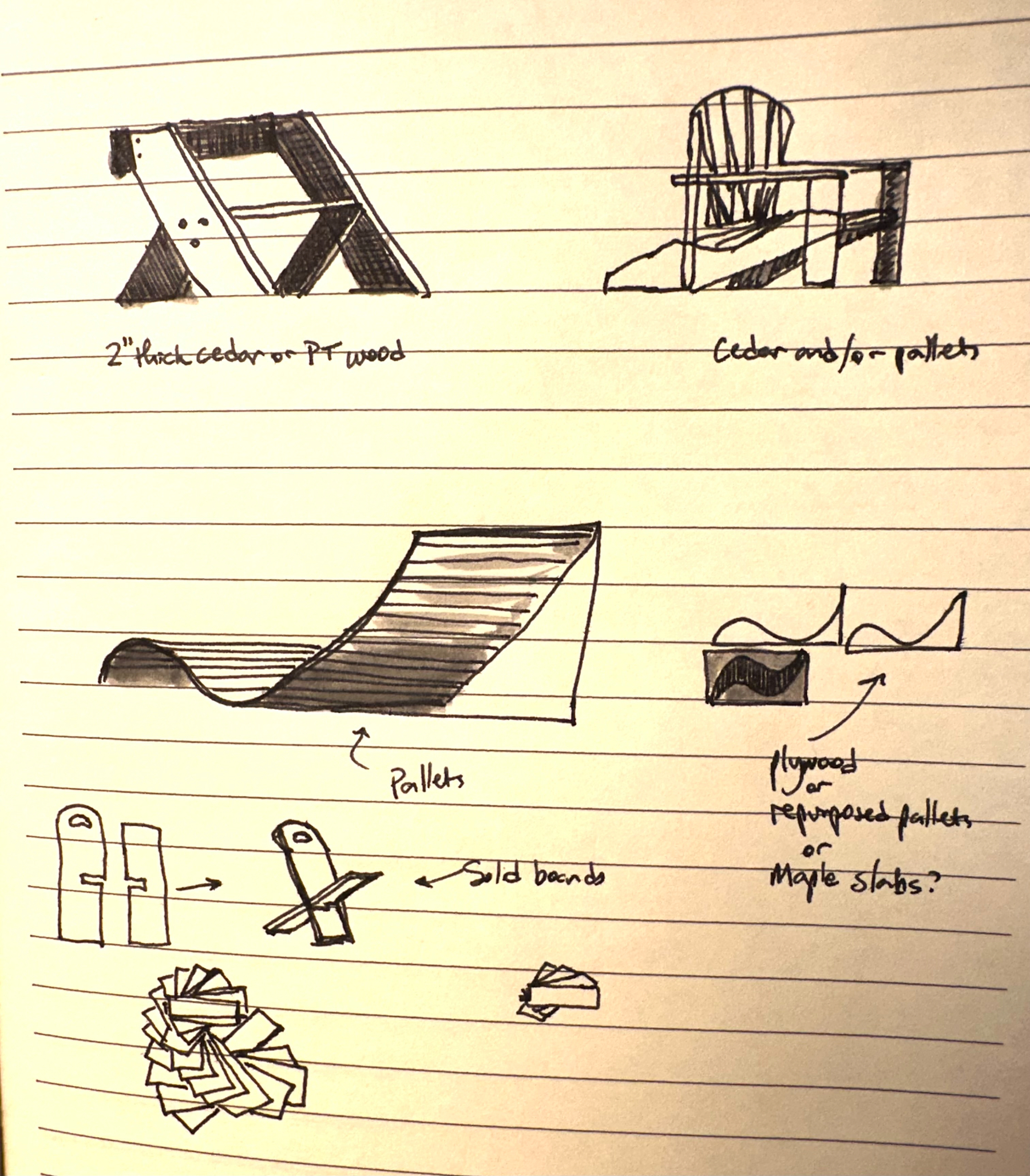 A notebook page features various hand-drawn designs and notes for constructing furniture, including sketches of a chair, a wavy bench, and details about using materials like pallets, cedar, and plywood.