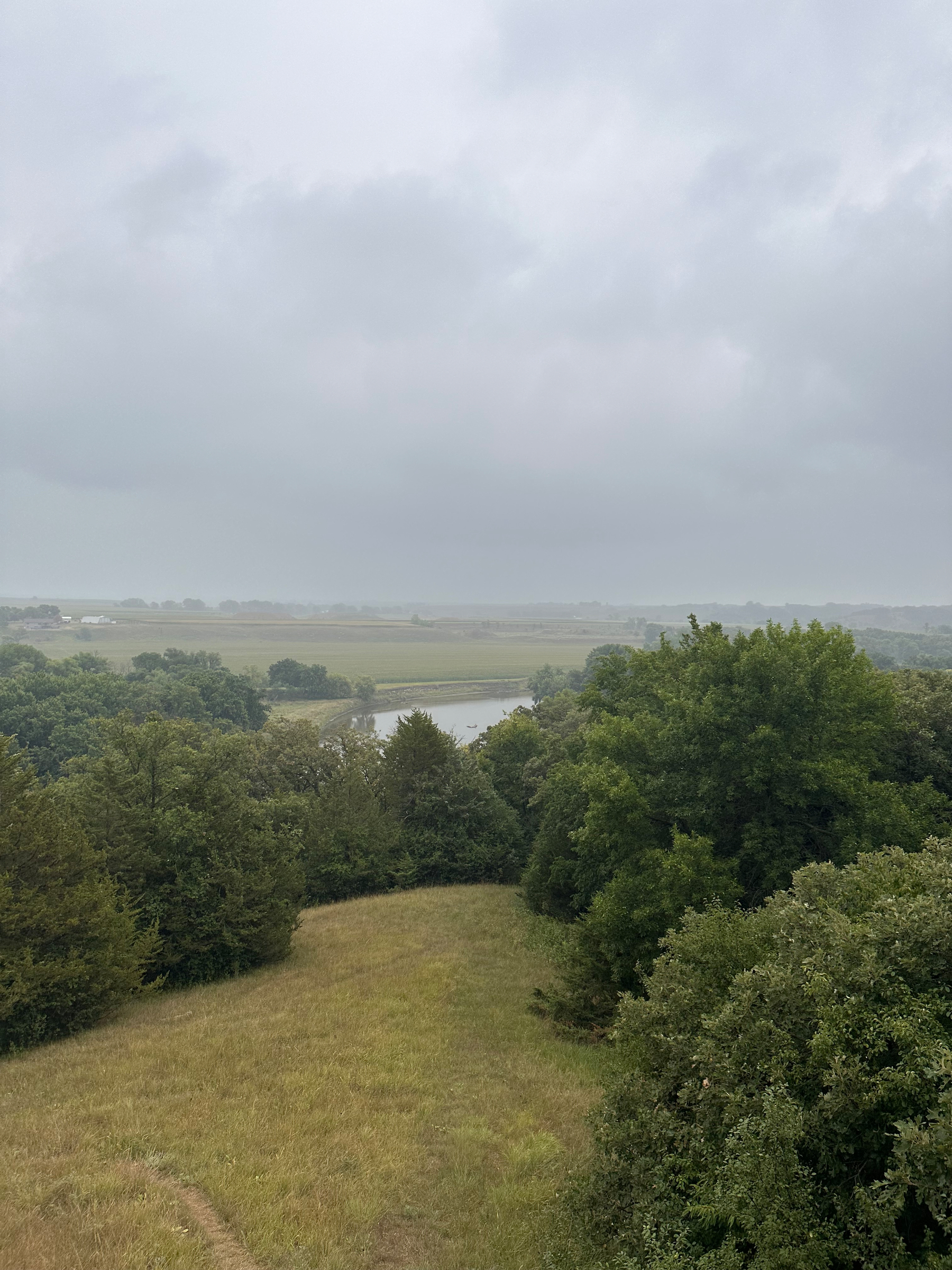 A grassy clearing surrounded by trees overlooks a river winding through a distant, foggy landscape under a cloudy sky.