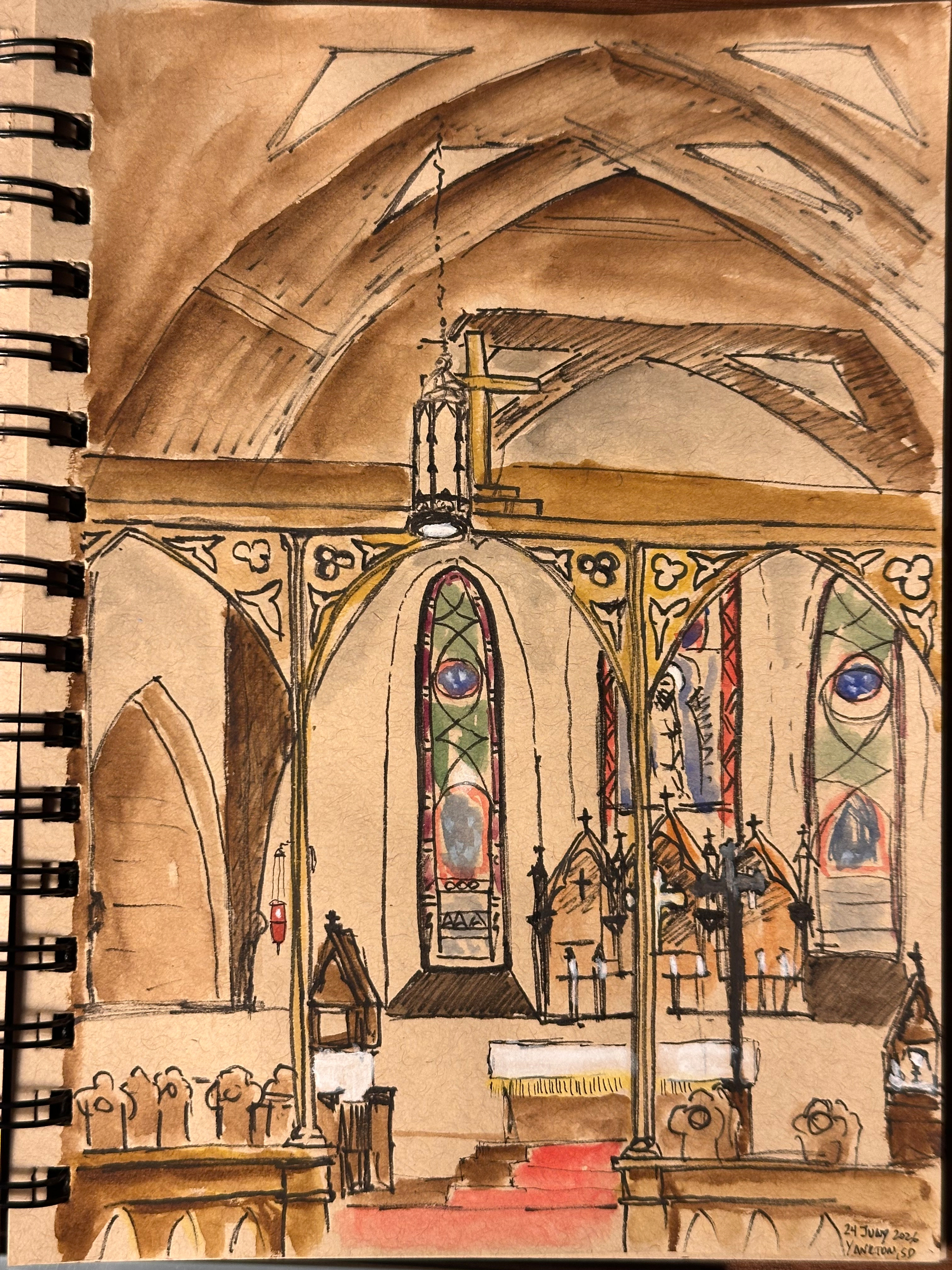 A detailed watercolor sketch portrays the interior of a historic church with vaulted ceilings, stained glass windows, and an altar adorned with intricate architectural elements.