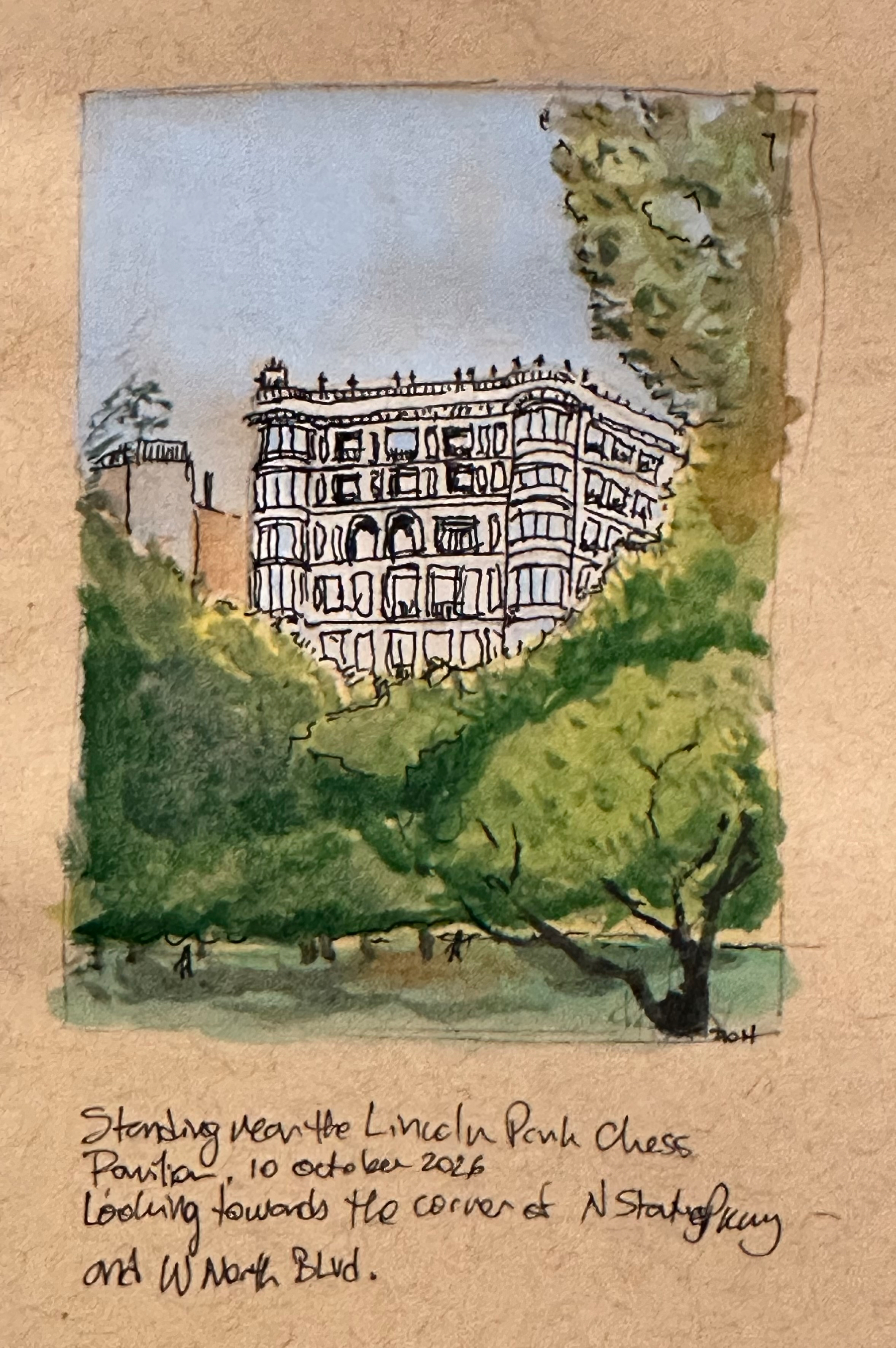 sketch of a white building with blue sky in the background and trees and grass in the foreground. Handwritten notes give details about where it was sketched in Lincoln Park, Chicago. 