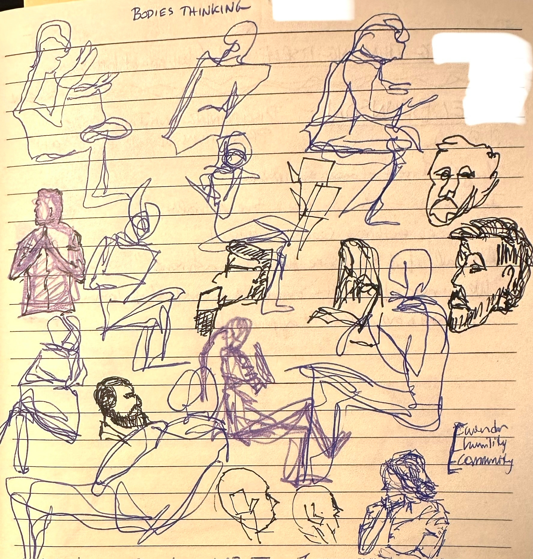 Various rough sketches of human figures and faces in different poses and activities are drawn on lined paper.