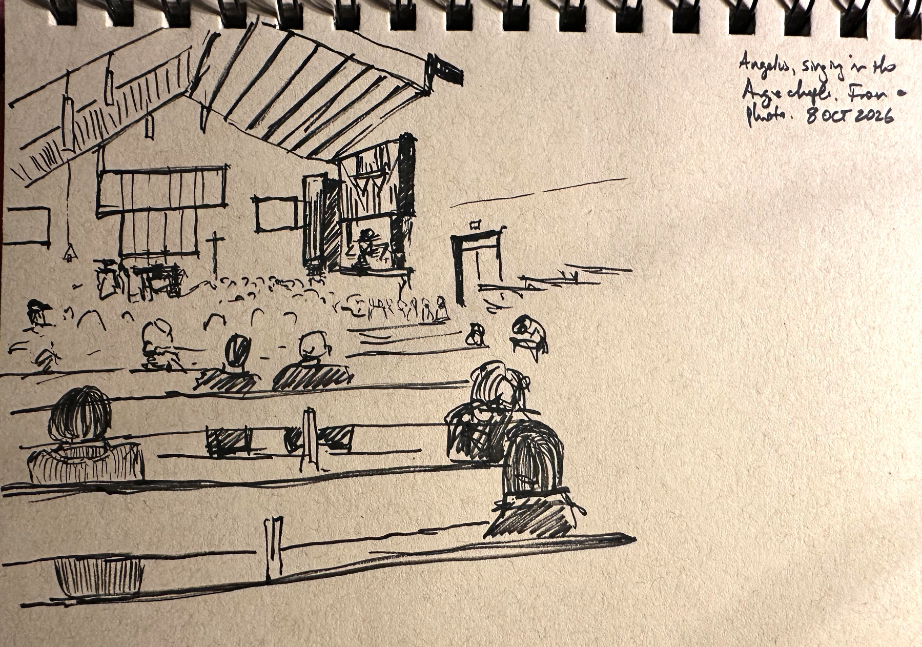 A sketch shows a church interior with people seated on pews facing a stage where a choir is singing.